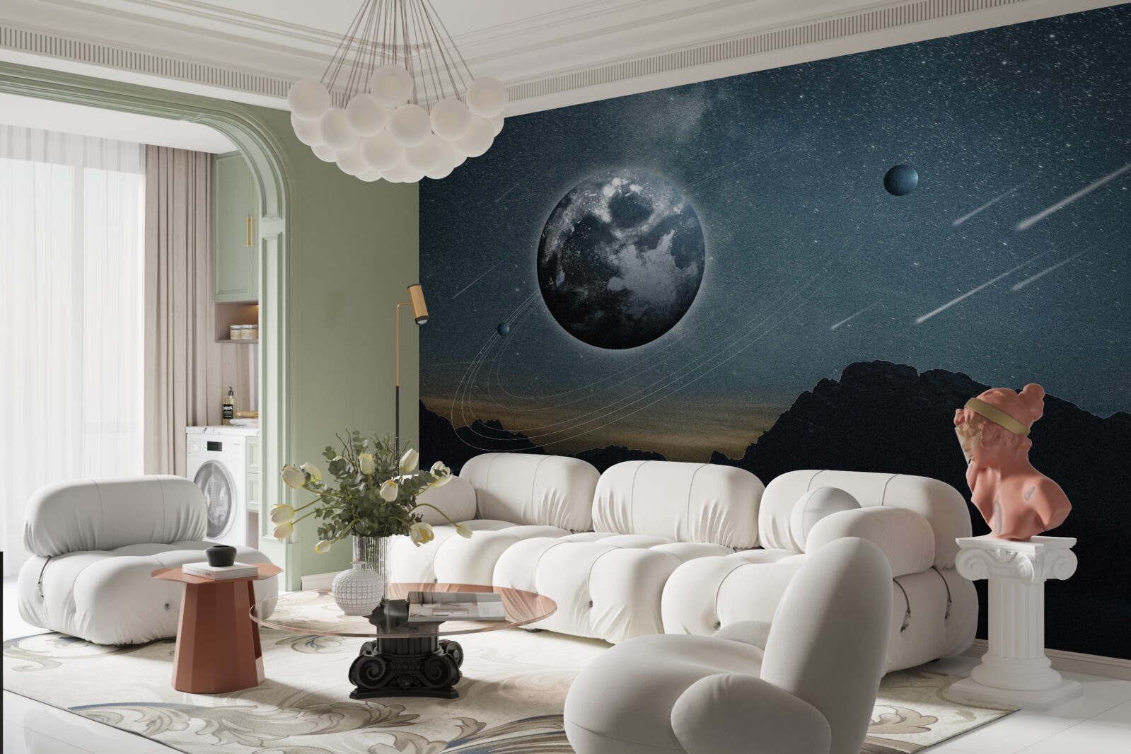 Papier peint pluie de météorites et satellite terrestre