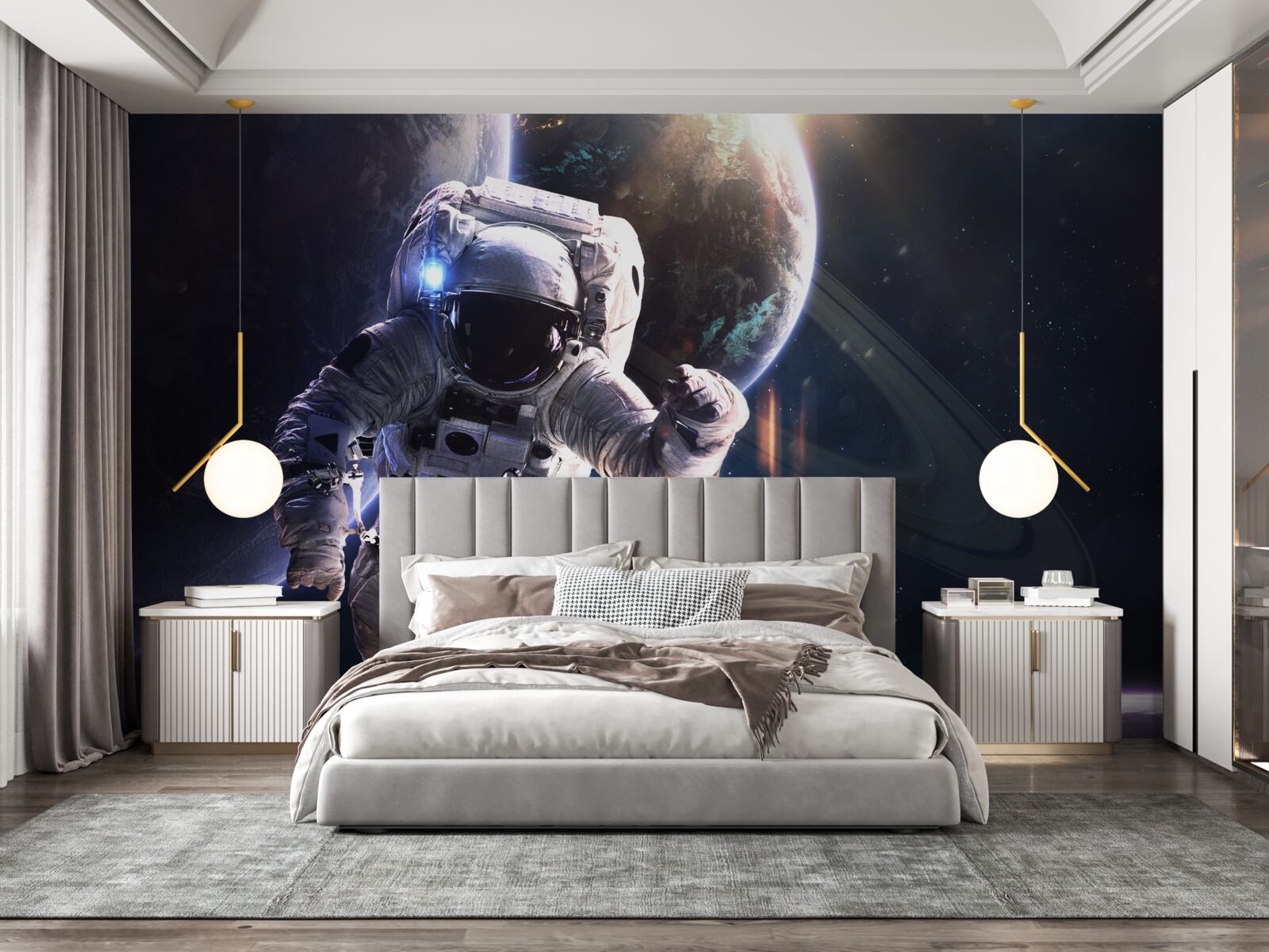 Papier peint astronaute posant devant jupiter