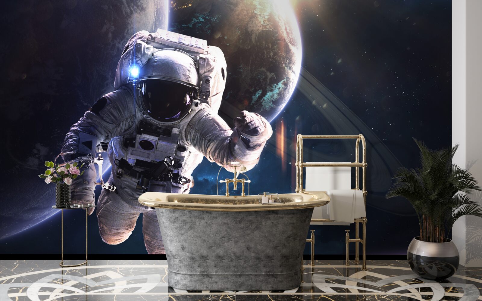 Papier peint astronaute posant devant jupiter