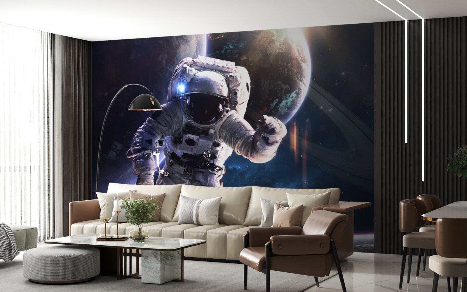 Papier peint astronaute posant devant jupiter