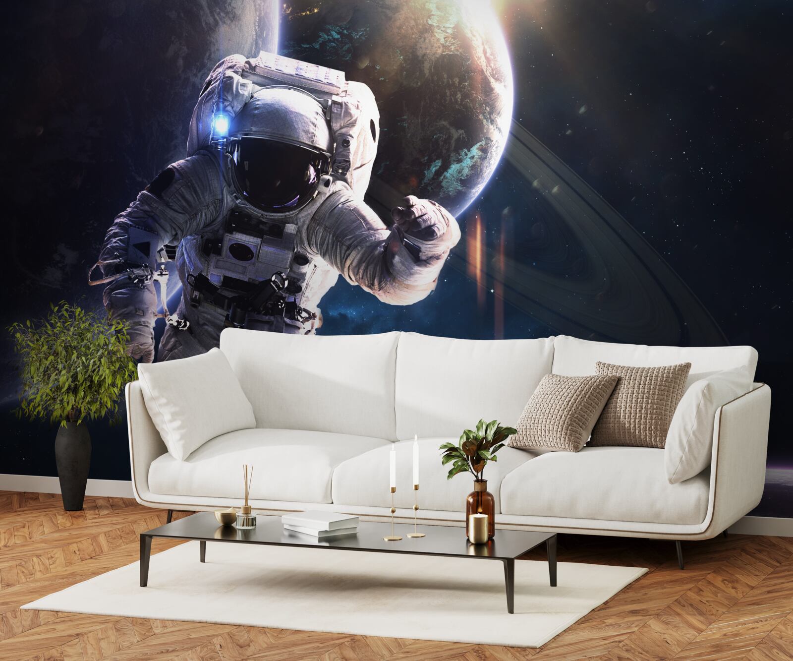 Papier peint astronaute posant devant jupiter