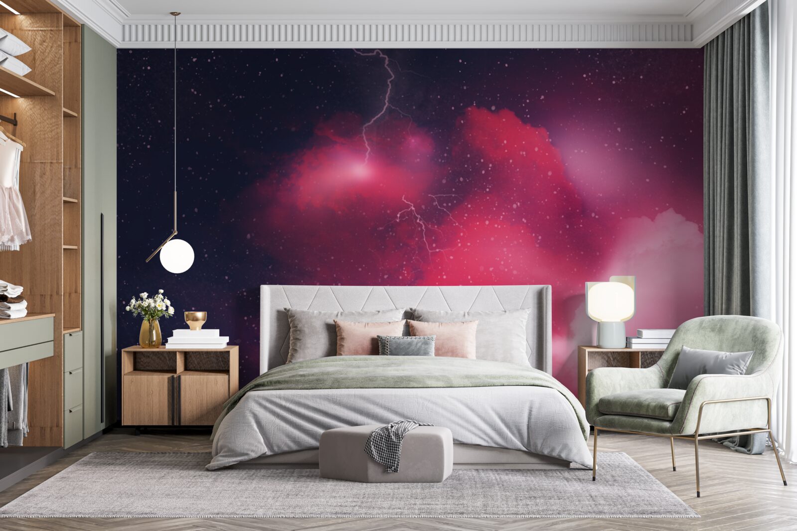 Papier peint des éclairs de tonnerre dans l'espace écarlate