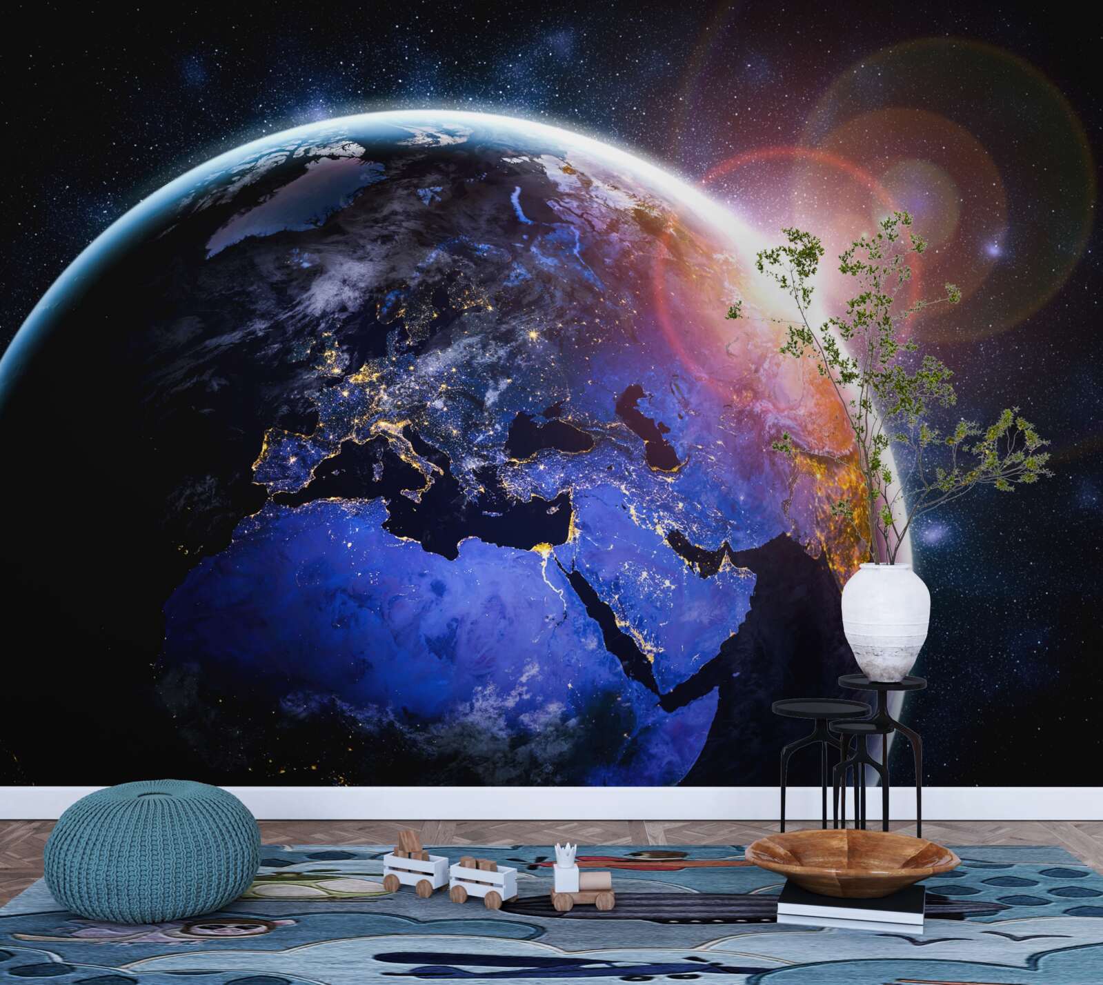 Papier peint le soleil se couche dans sa lumière éclatante sur la planète