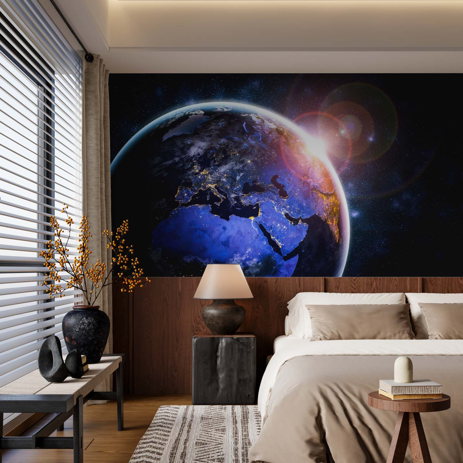 Papier peint le soleil se couche dans sa lumière éclatante sur la planète