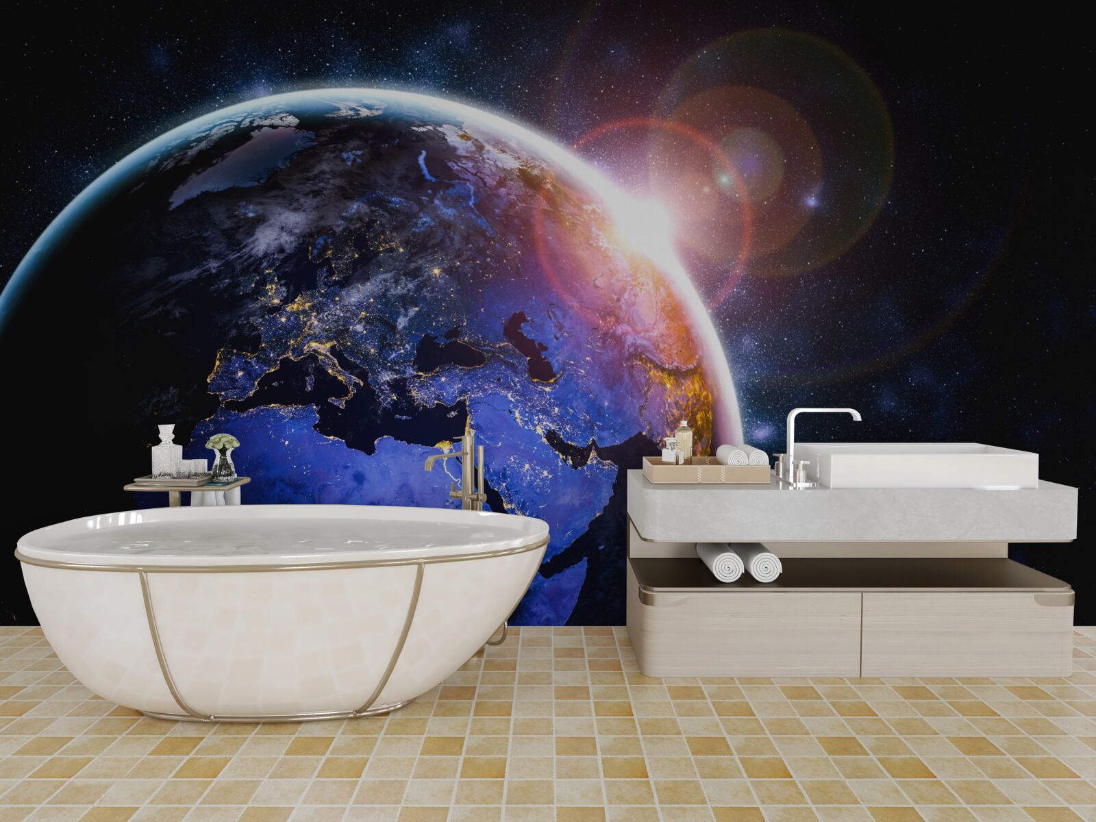 Papier peint le soleil se couche dans sa lumière éclatante sur la planète