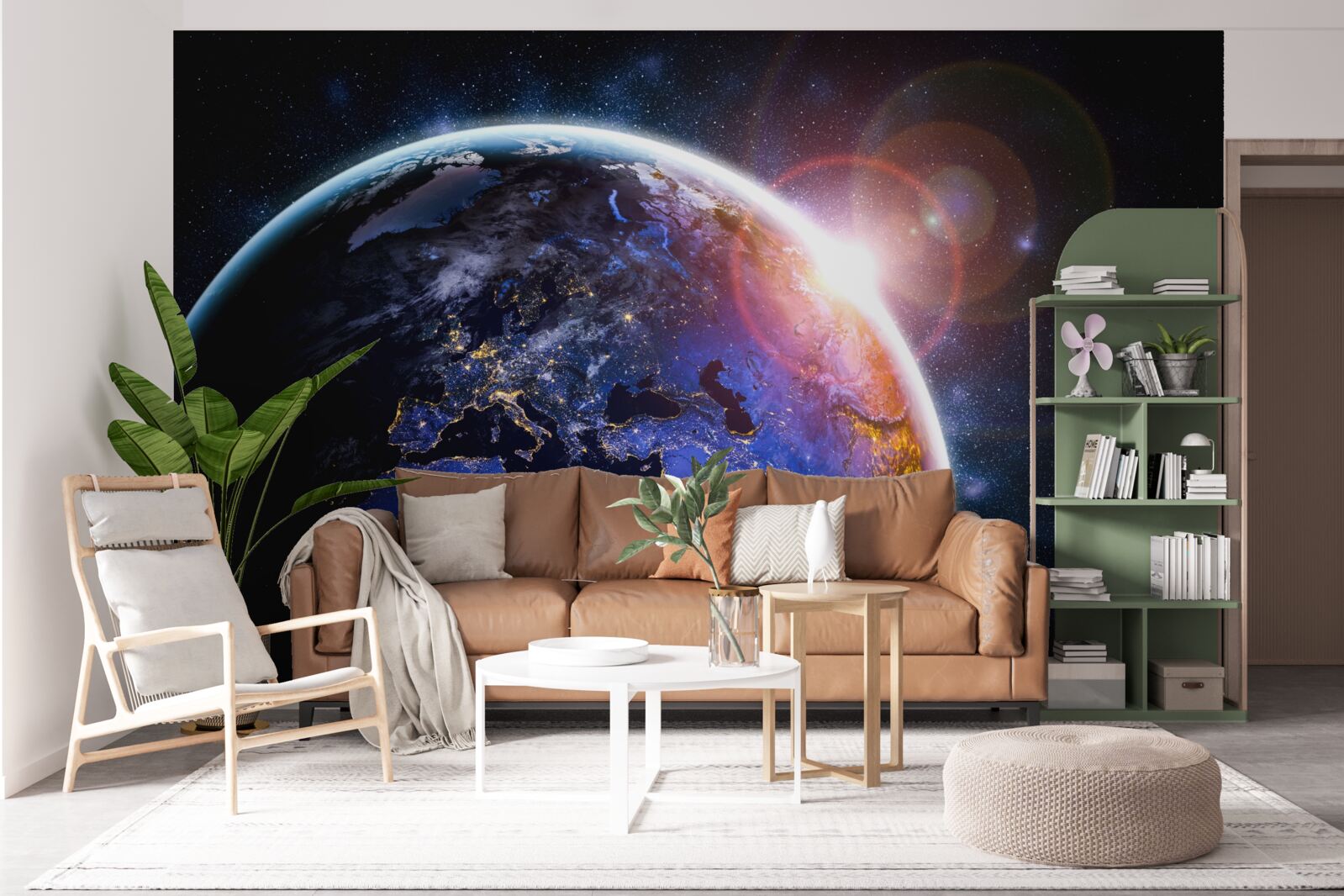 Papier peint le soleil se couche dans sa lumière éclatante sur la planète