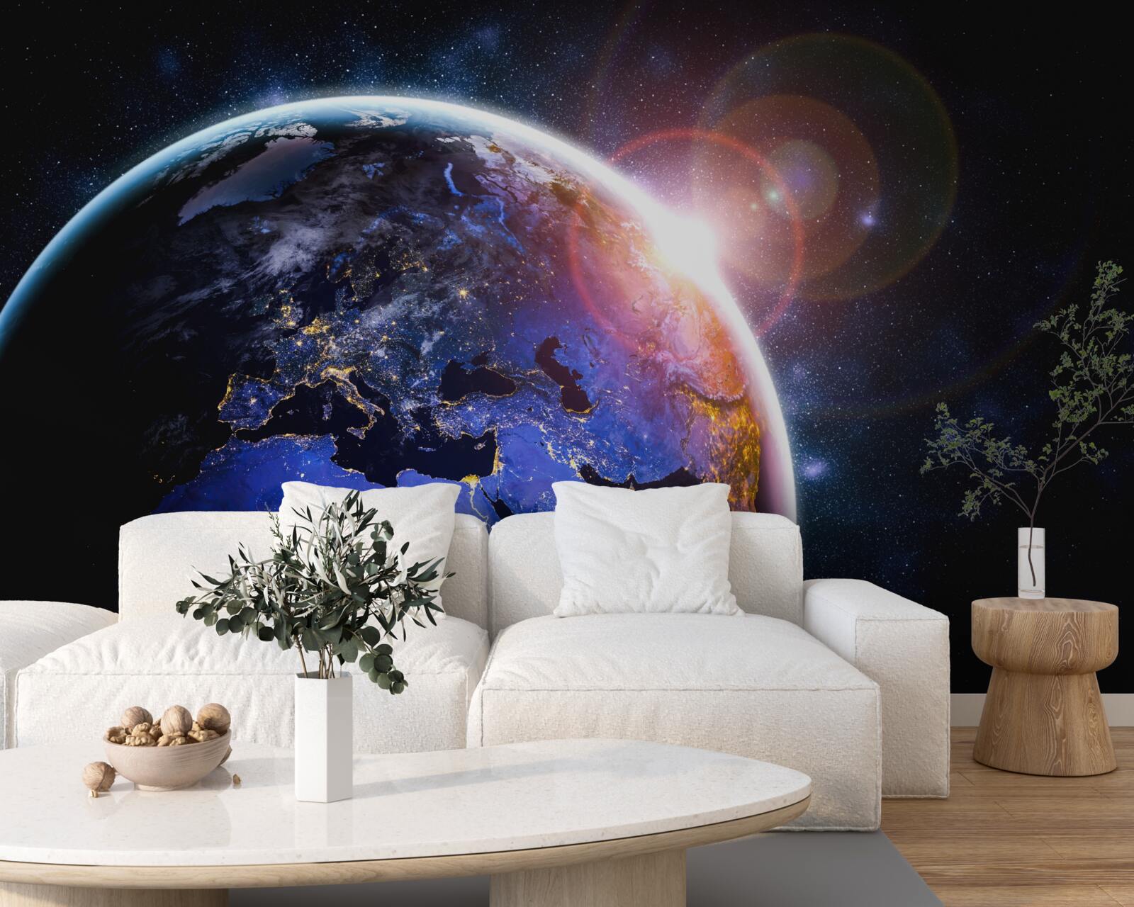 Papier peint le soleil se couche dans sa lumière éclatante sur la planète