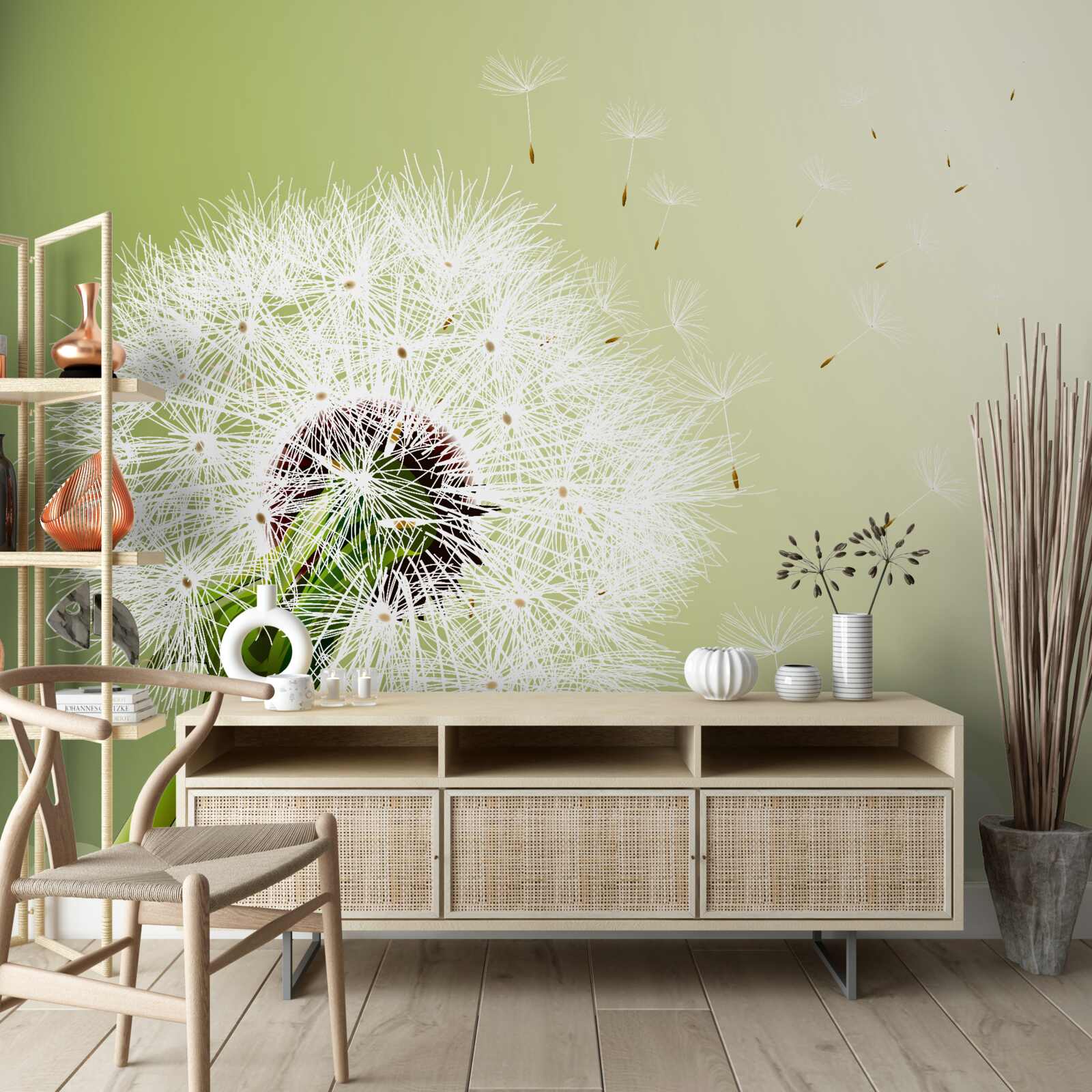 Papier peint pissenlit blanc volant dans les airs