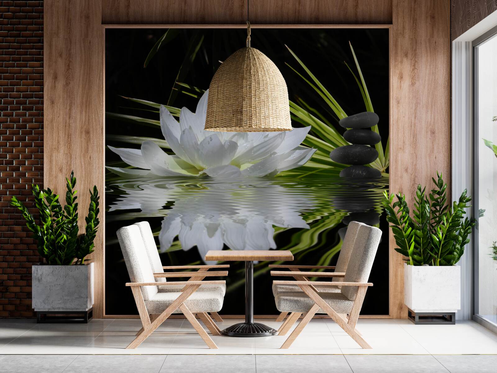 Papier peint pierres et lotus blancs