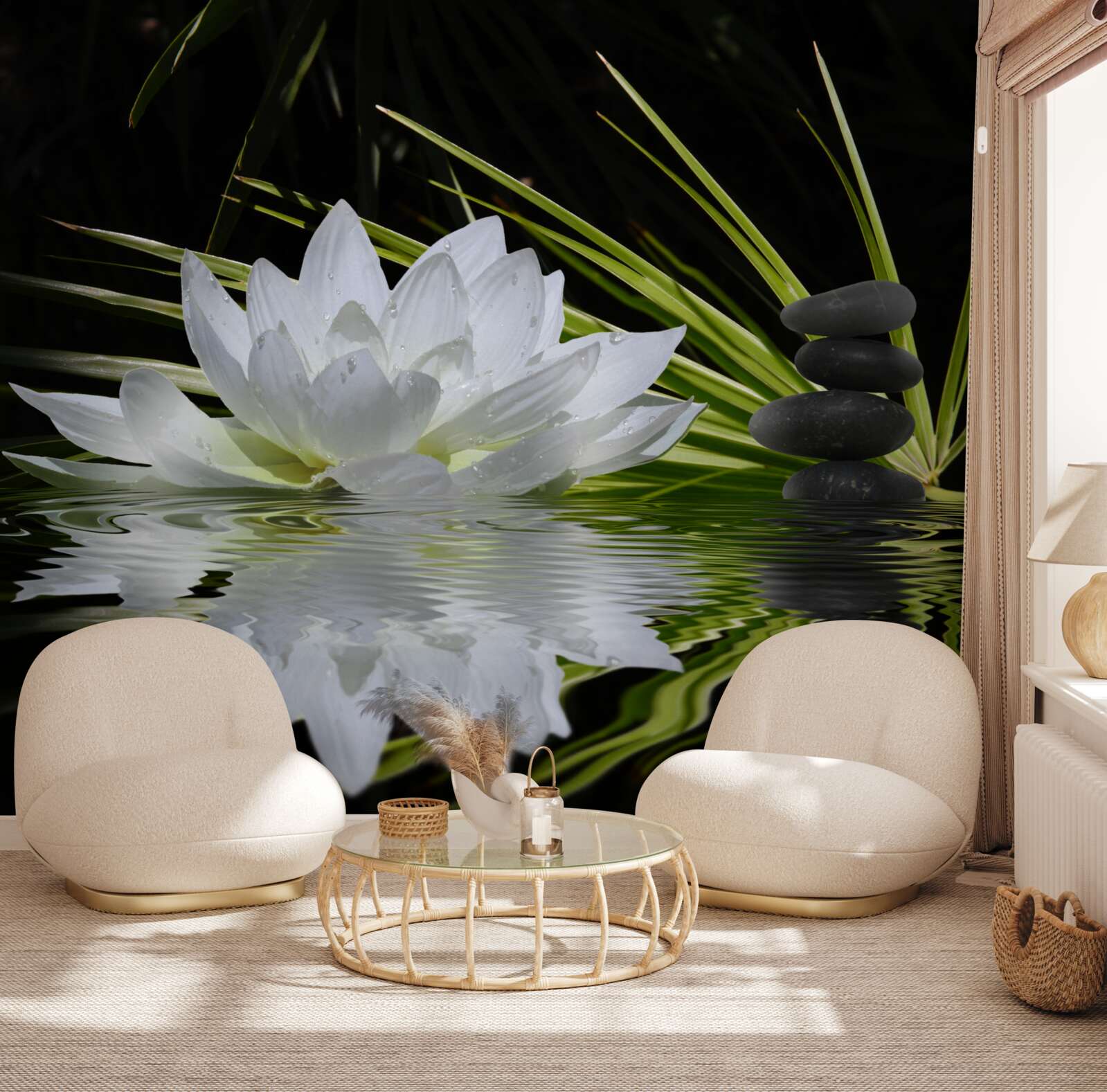 Papier peint pierres et lotus blancs