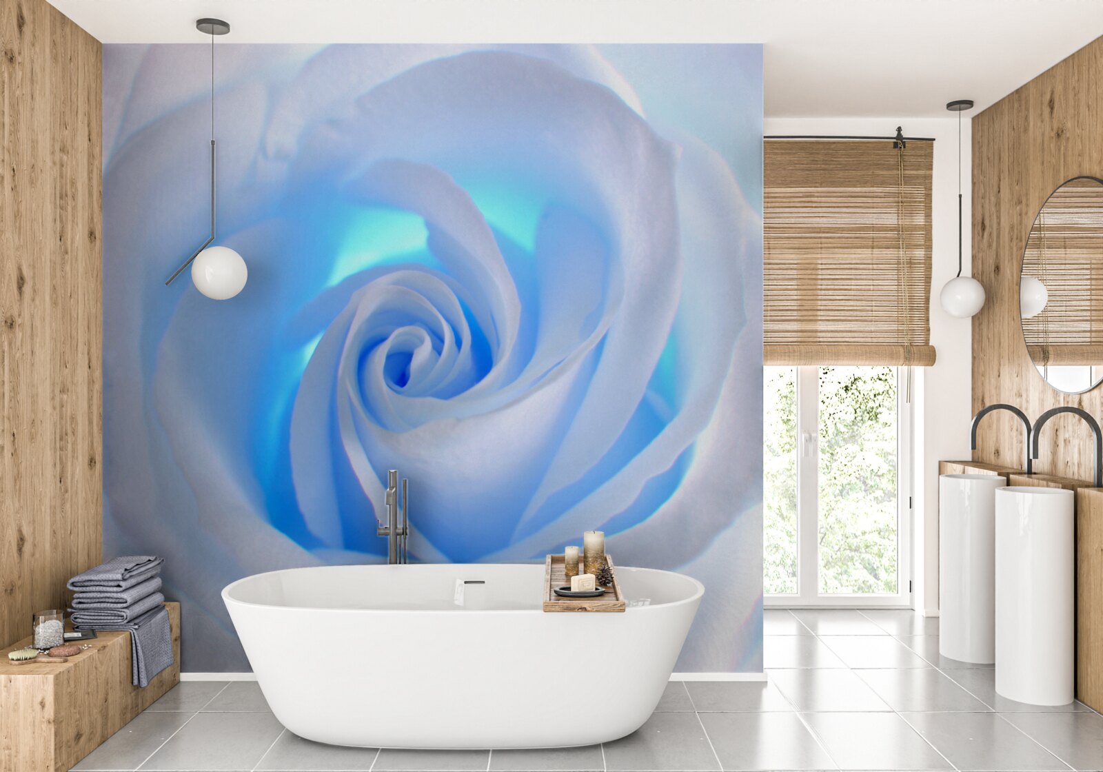 Papier peint lumière bleue traversant la délicate rose blanche