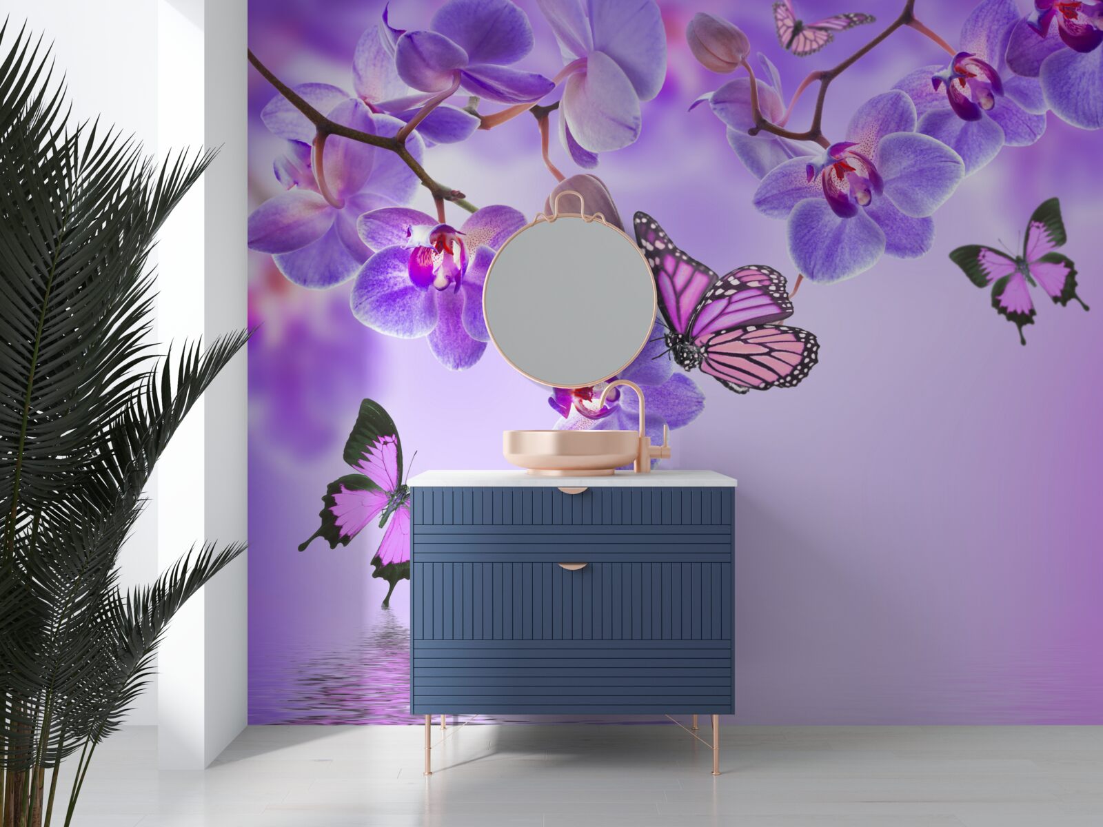 Papier peint papillons et orchidée pourpre