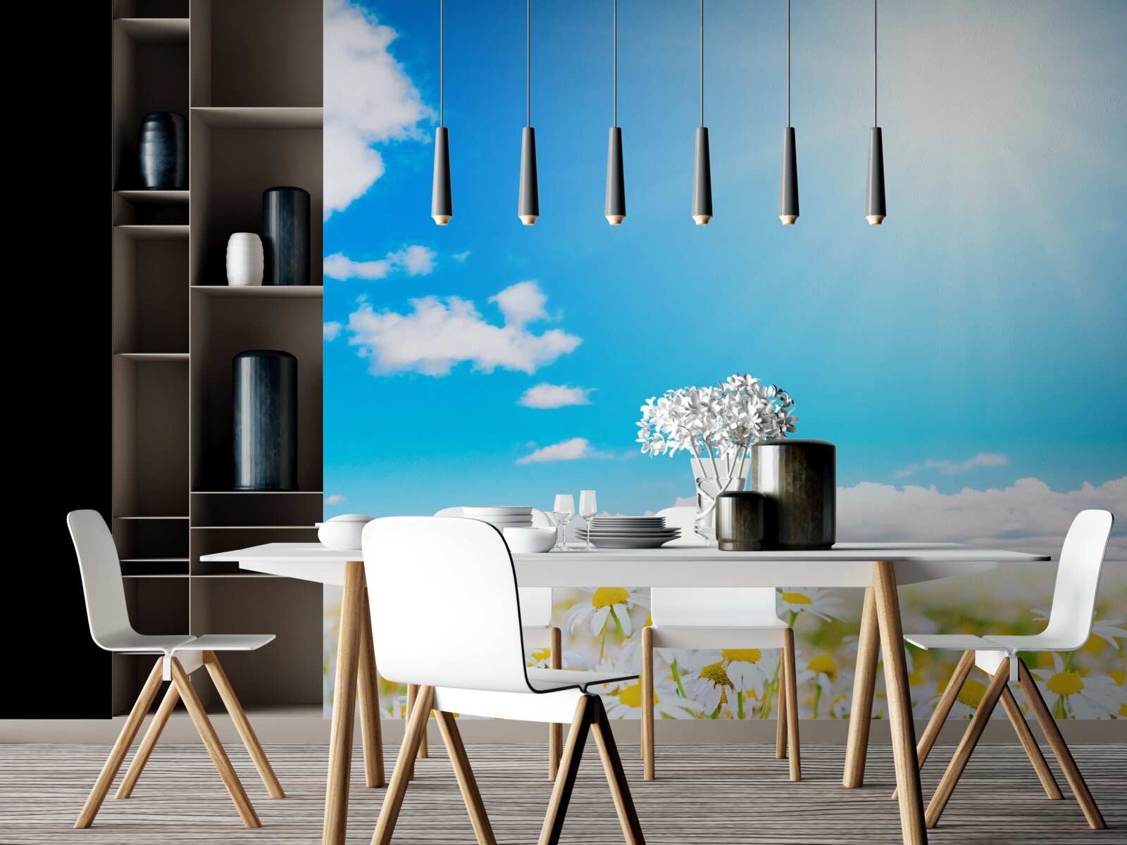 Papier peint La lumière du soleil illumine un champ de marguerites abondantes