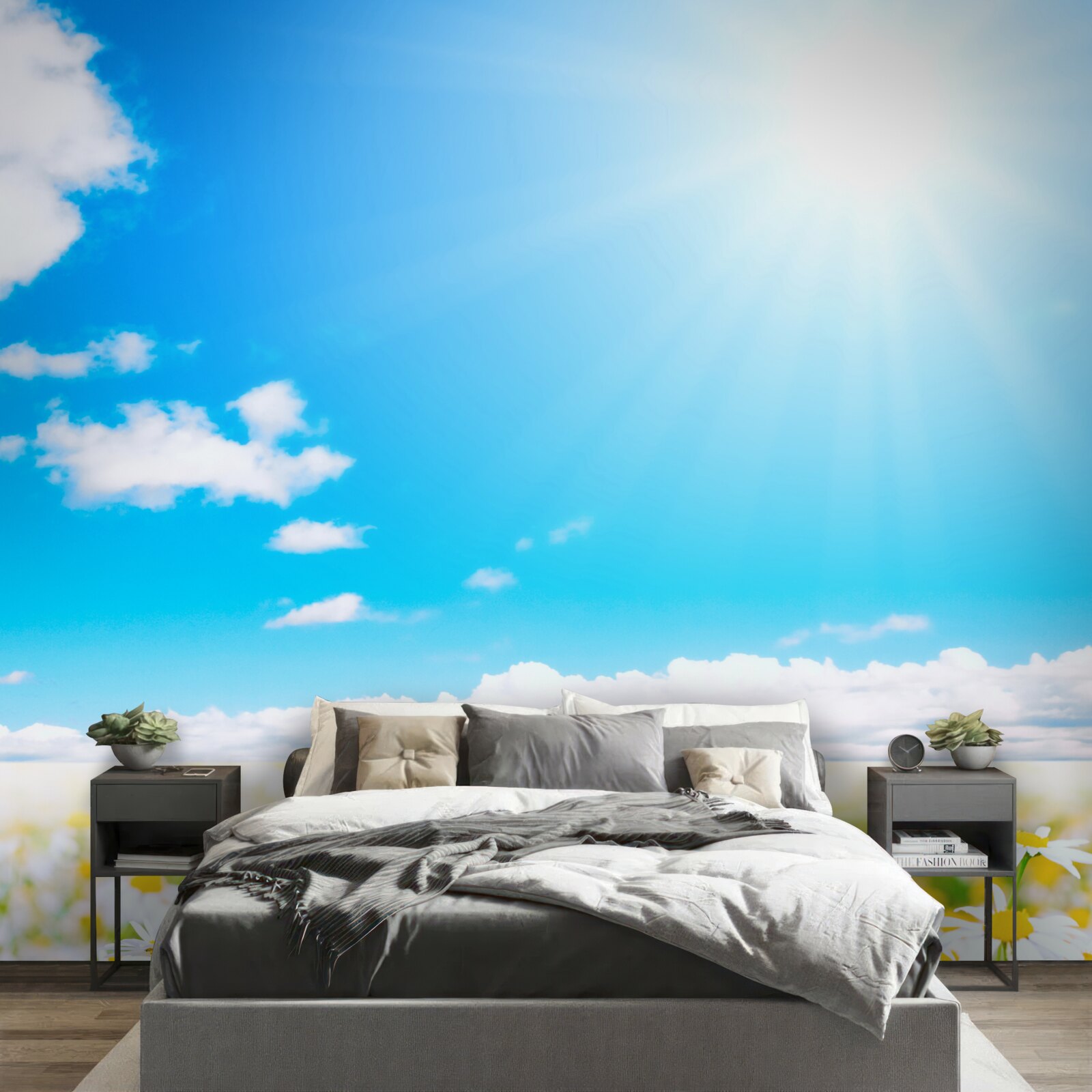 Papier peint La lumière du soleil illumine un champ de marguerites abondantes