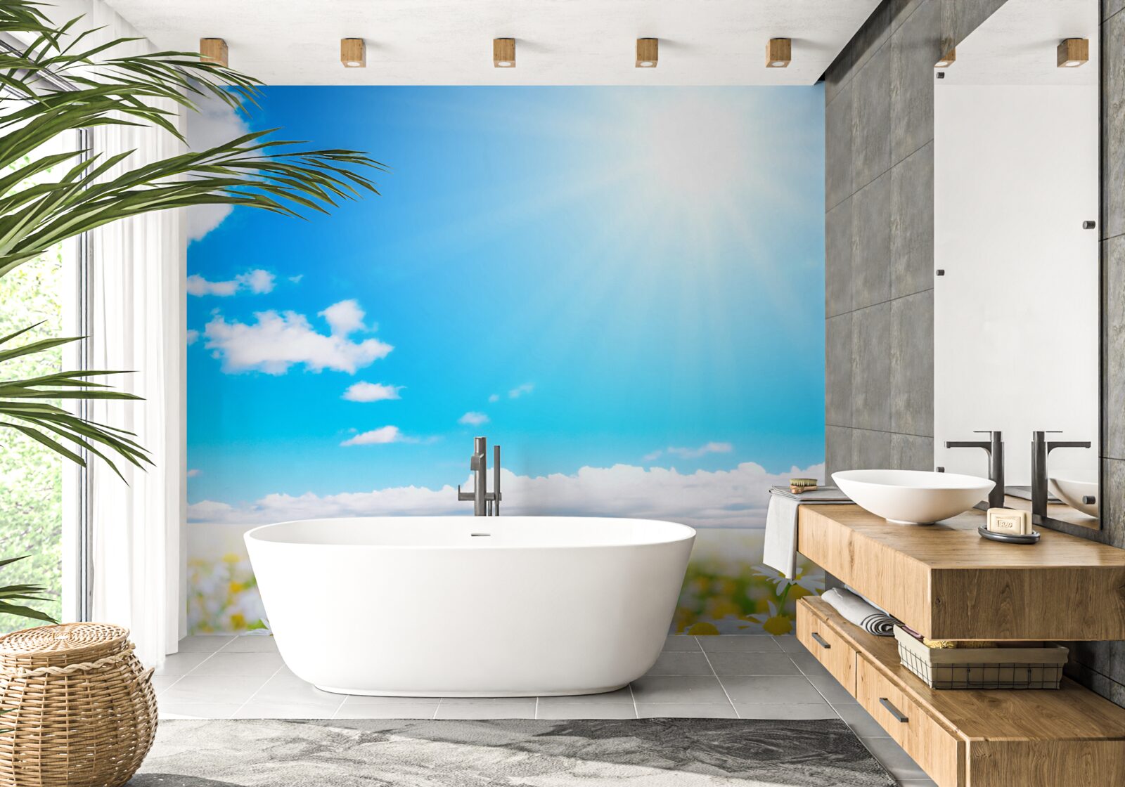 Papier peint La lumière du soleil illumine un champ de marguerites abondantes