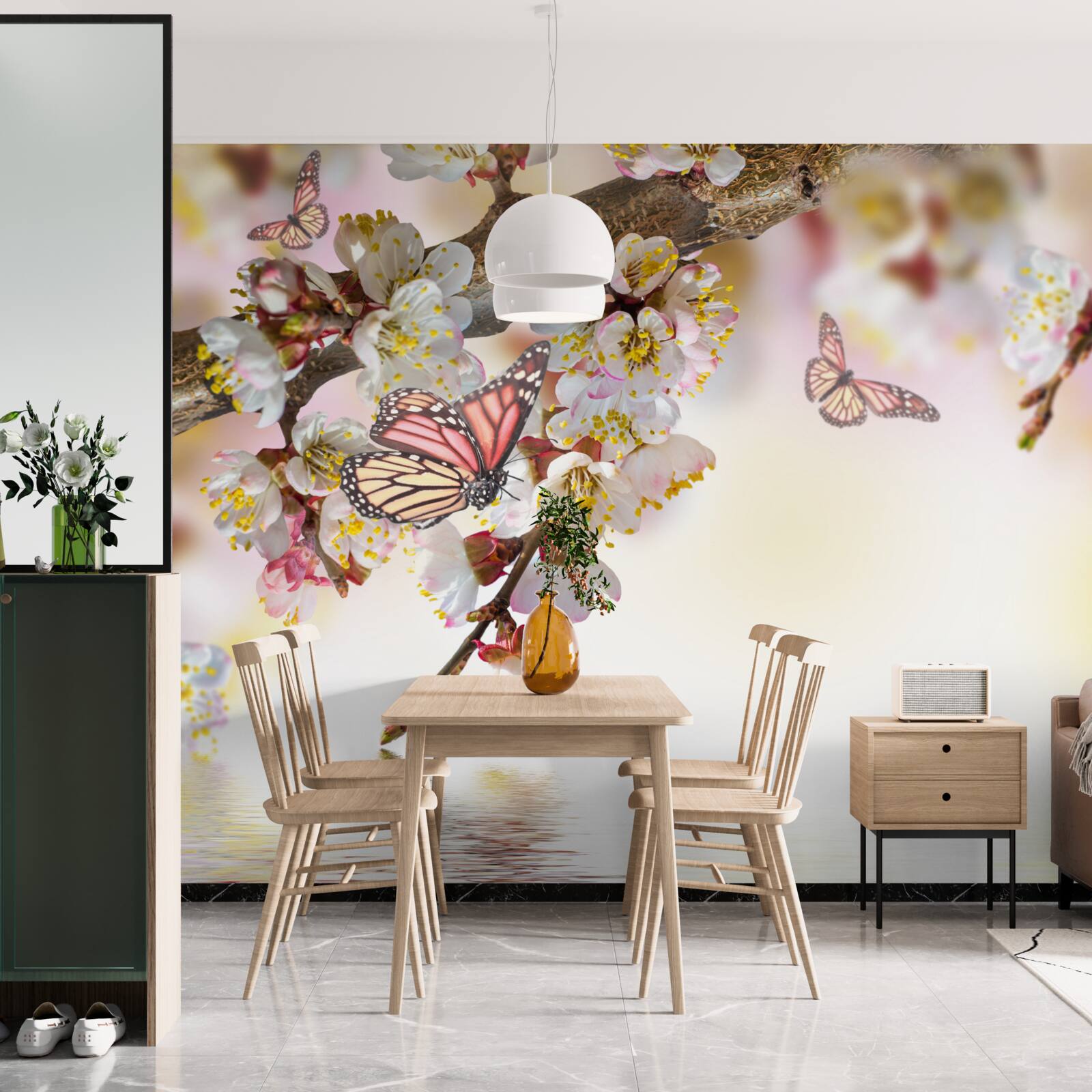 Papier peint Les fleurs de sakura sont devenues la demeure des papillons