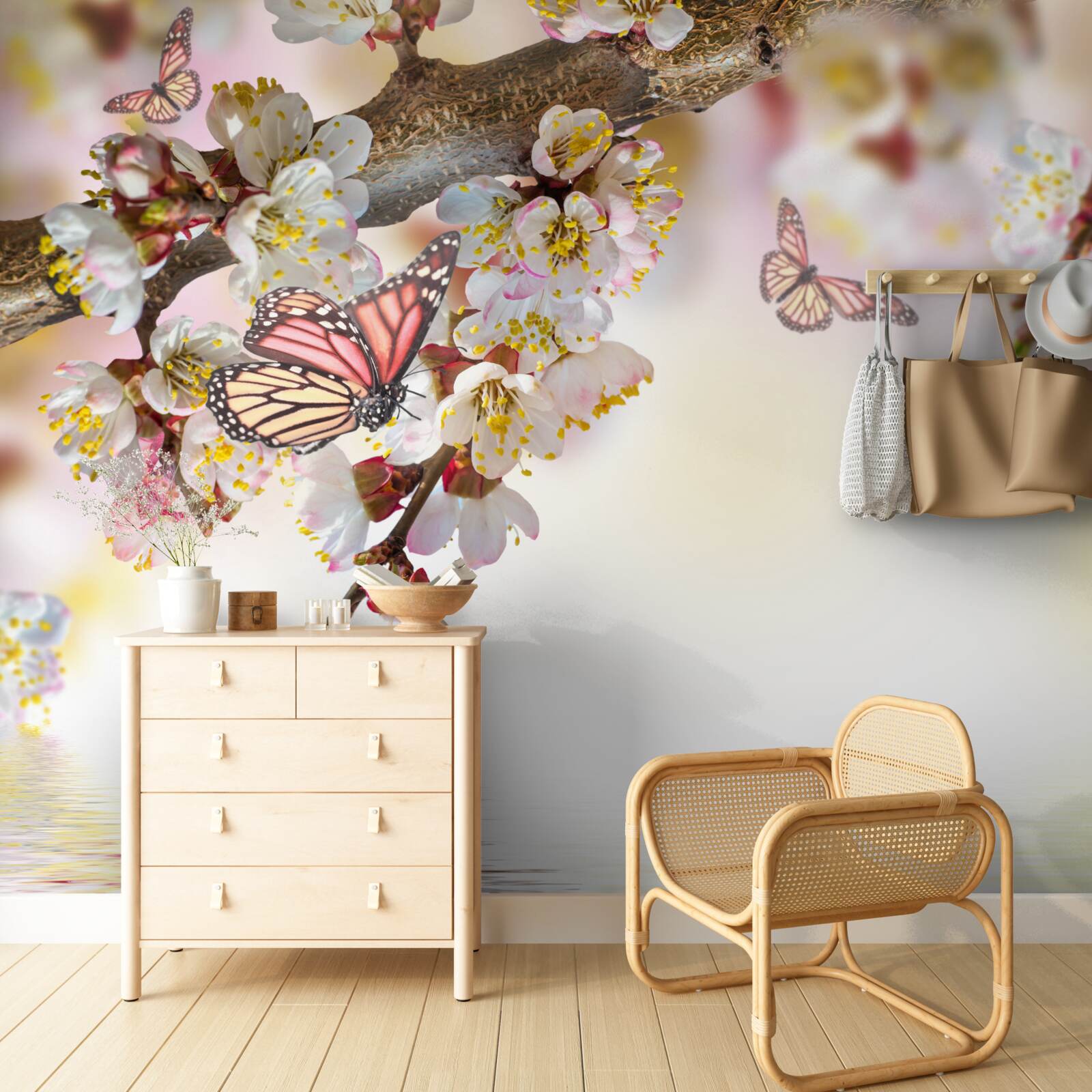 Papier peint Les fleurs de sakura sont devenues la demeure des papillons