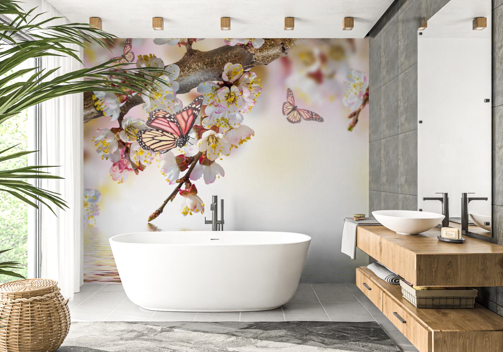 Papier peint Les fleurs de sakura sont devenues la demeure des papillons