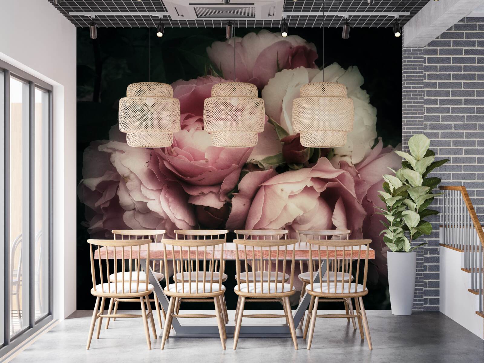 Papier peint grandes roses roses