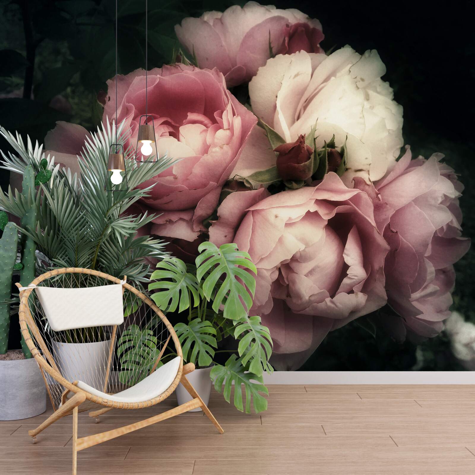 Papier peint grandes roses roses