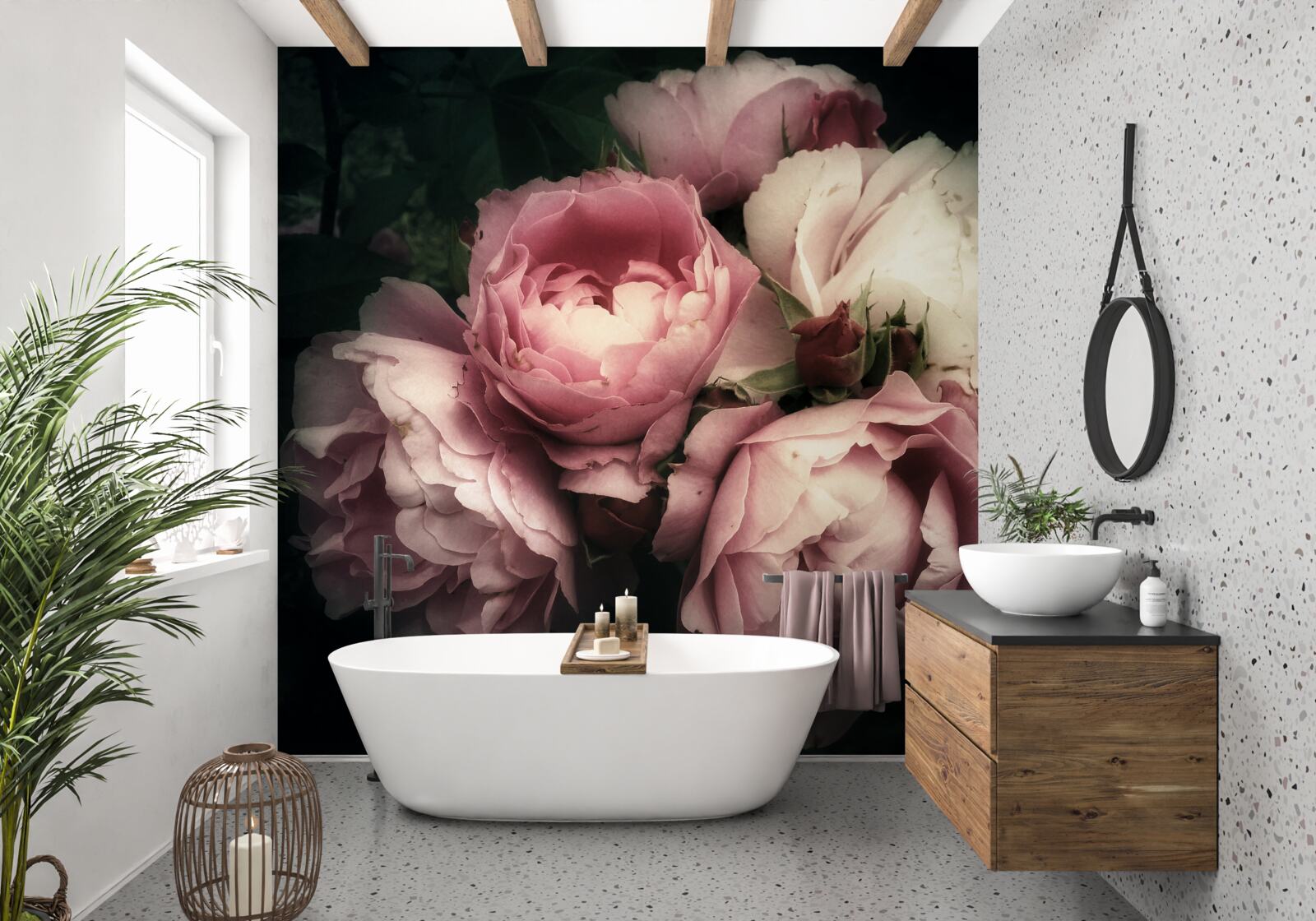 Papier peint grandes roses roses