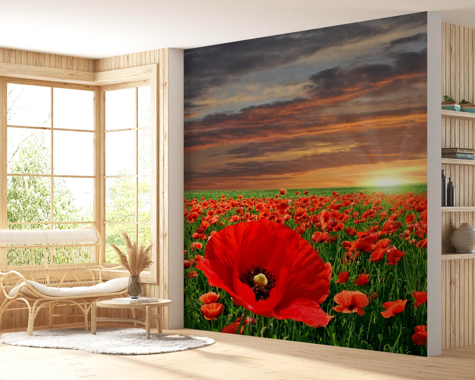 Papier peint coucher de soleil sur un champ de coquelicots écarlates