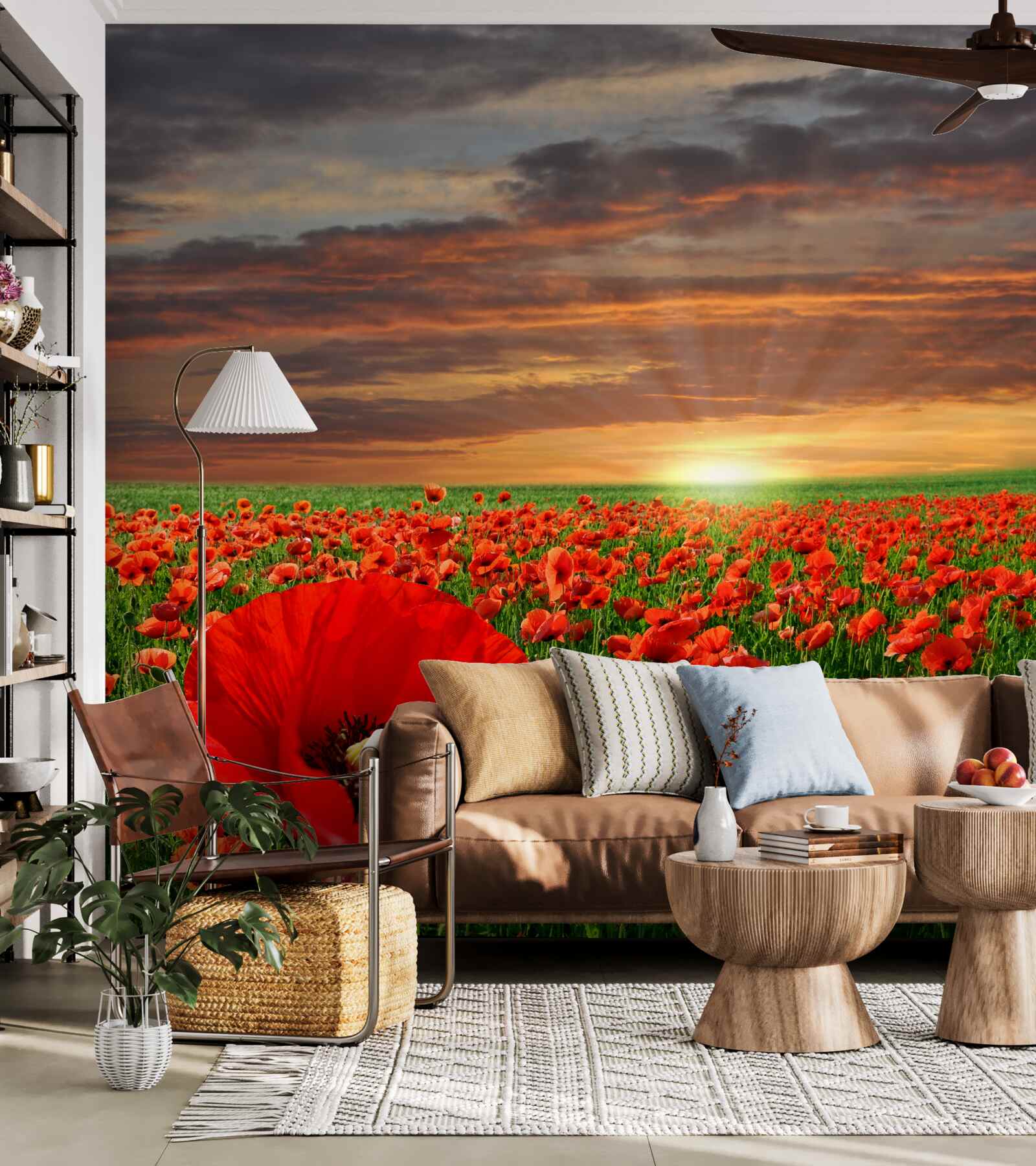 Papier peint coucher de soleil sur un champ de coquelicots écarlates