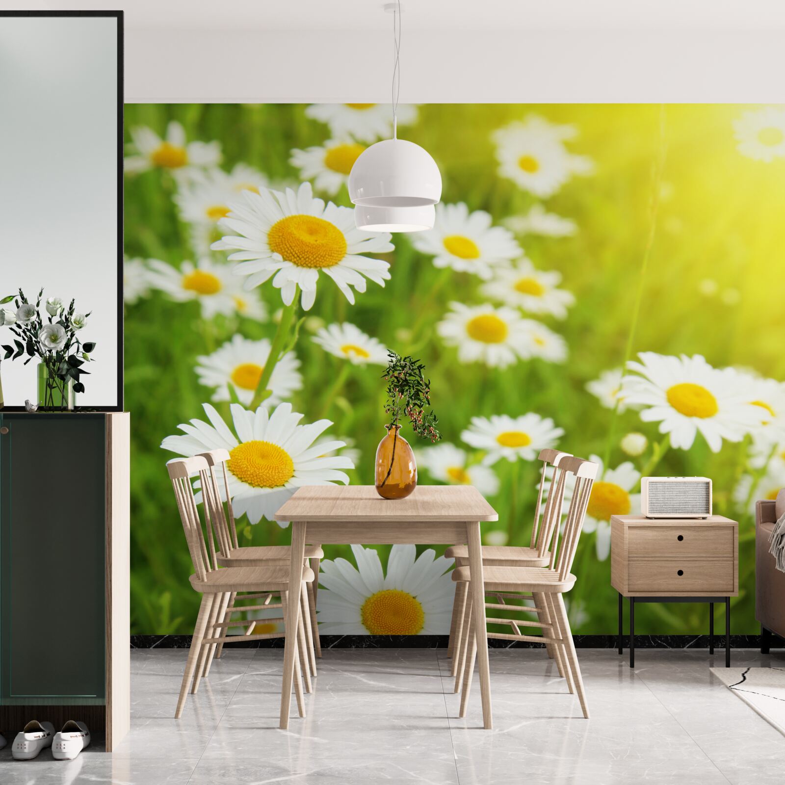 Papier peint un champ de marguerites blanches dans la verdure