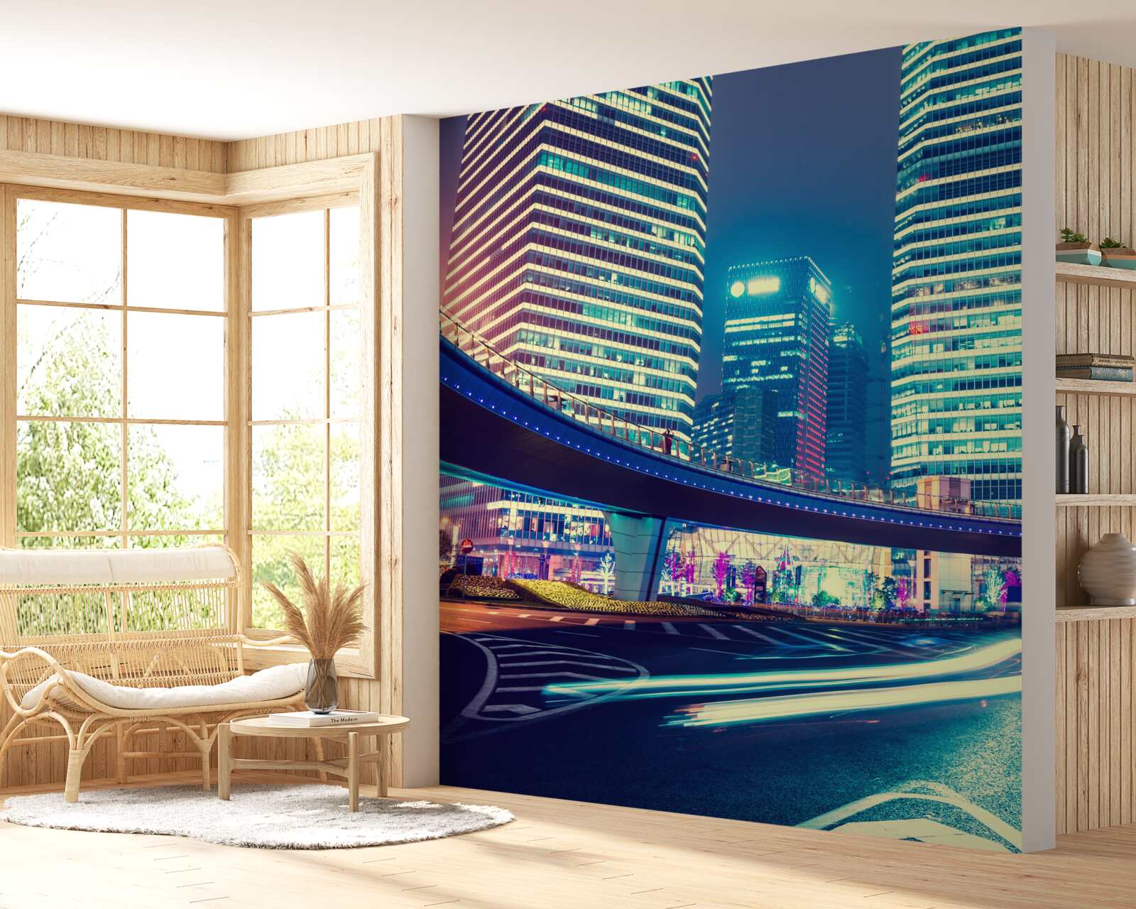 Papier peint ville de nuit avec des gratte-ciel et un pont