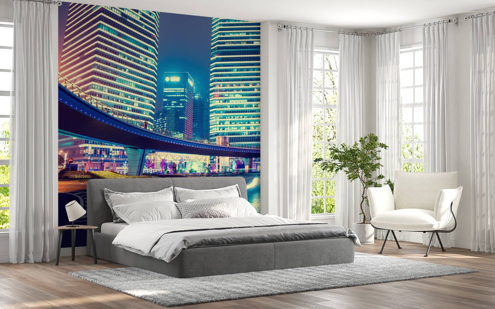 Papier peint ville de nuit avec des gratte-ciel et un pont