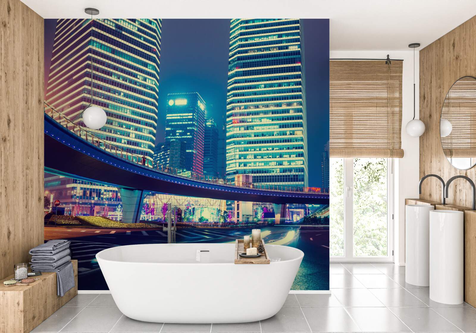 Papier peint ville de nuit avec des gratte-ciel et un pont