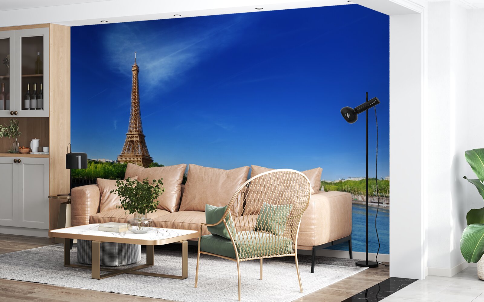 Papier peint panorama de la tour eiffel depuis la rive opposée
