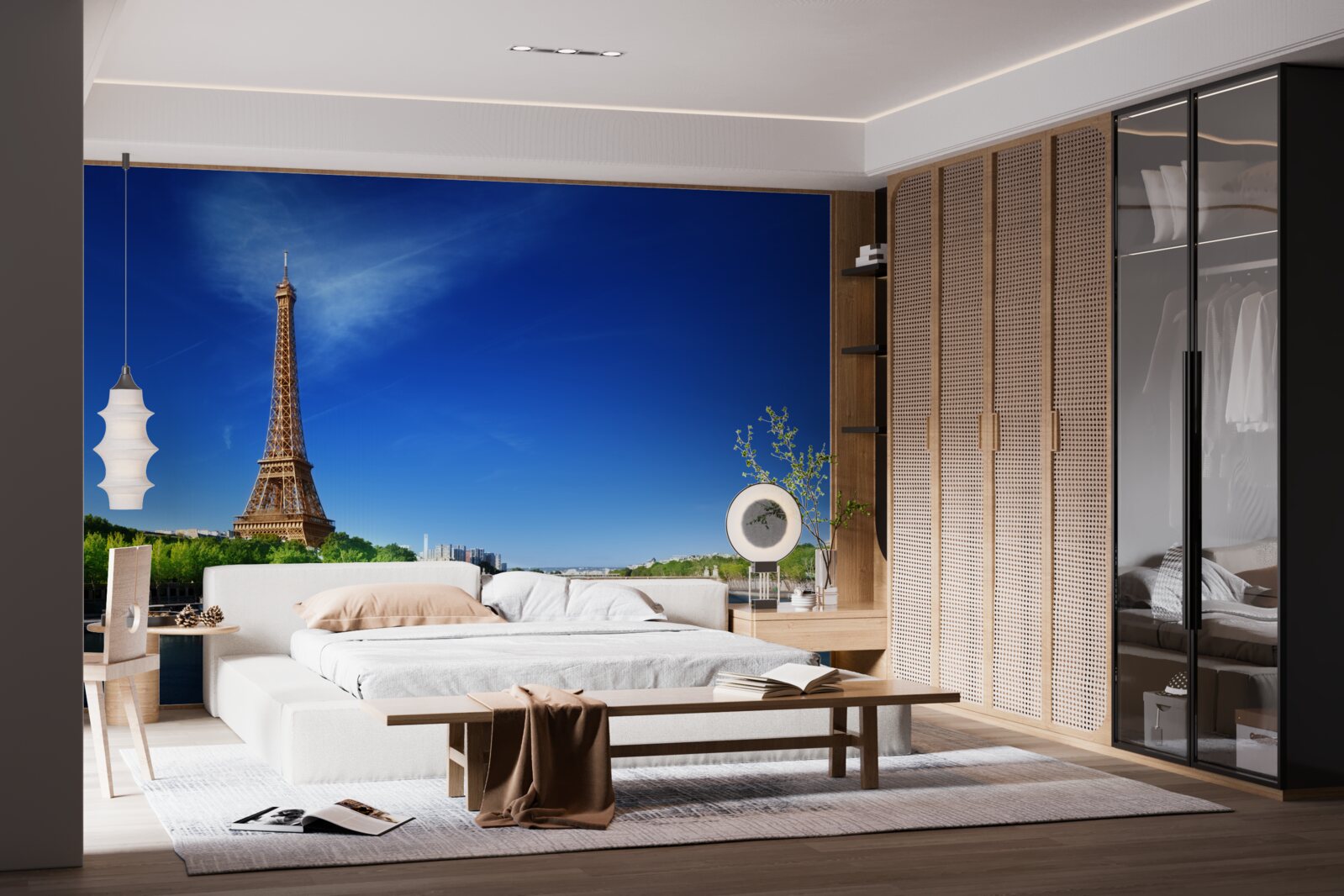 Papier peint panorama de la tour eiffel depuis la rive opposée