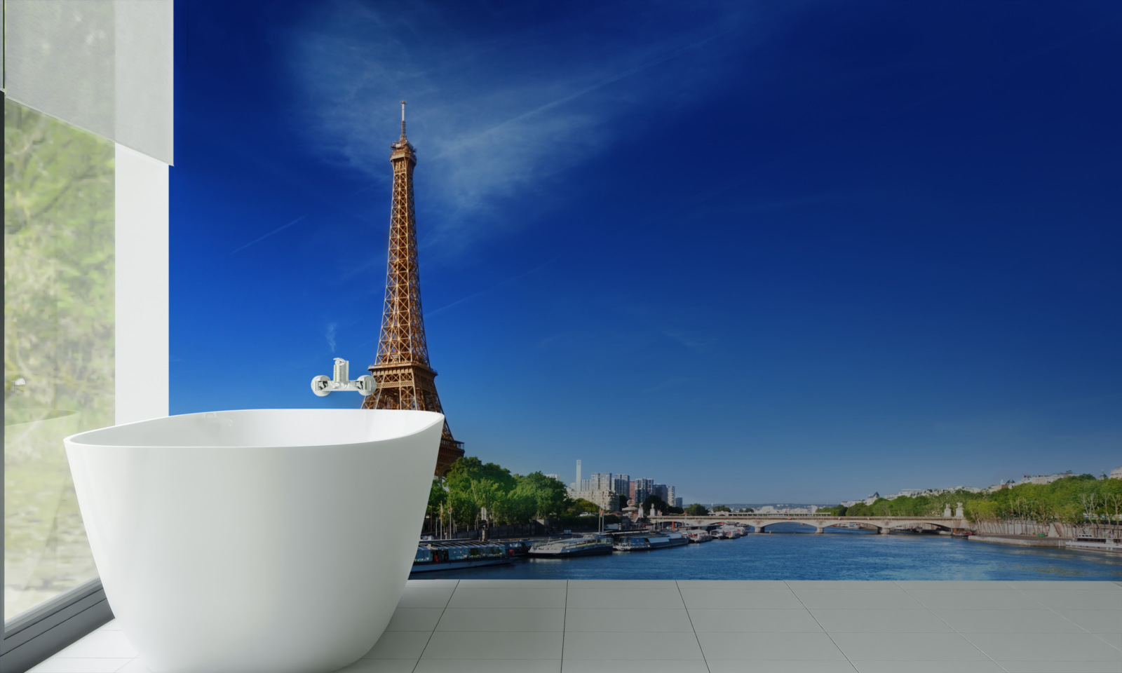 Papier peint panorama de la tour eiffel depuis la rive opposée