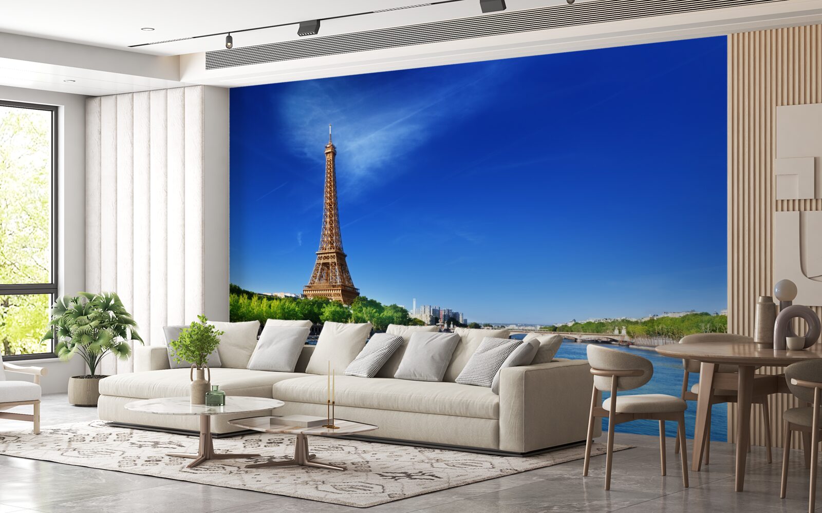 Papier peint panorama de la tour eiffel depuis la rive opposée