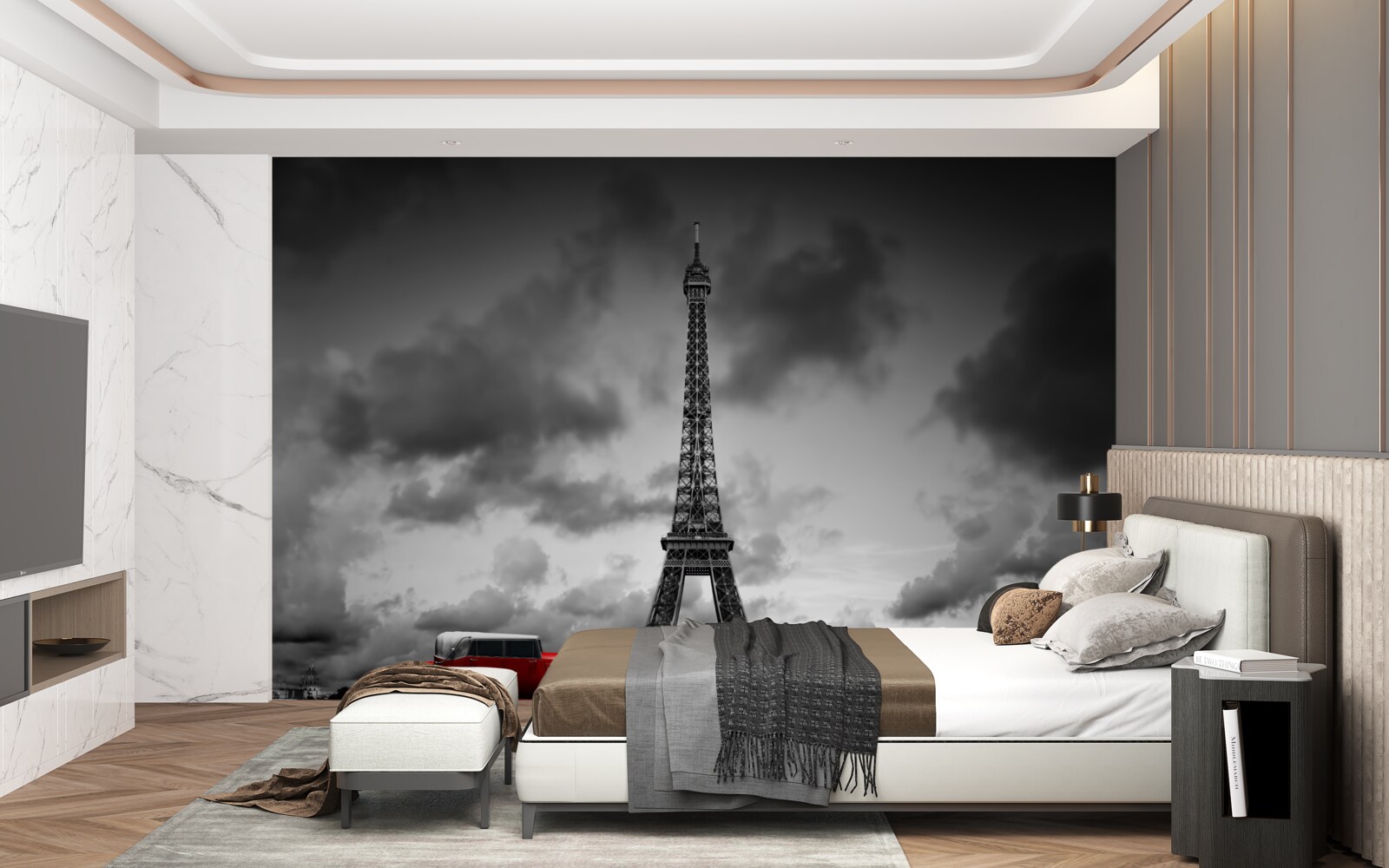 Papier peint voiture rouge à côté de la tour eiffel