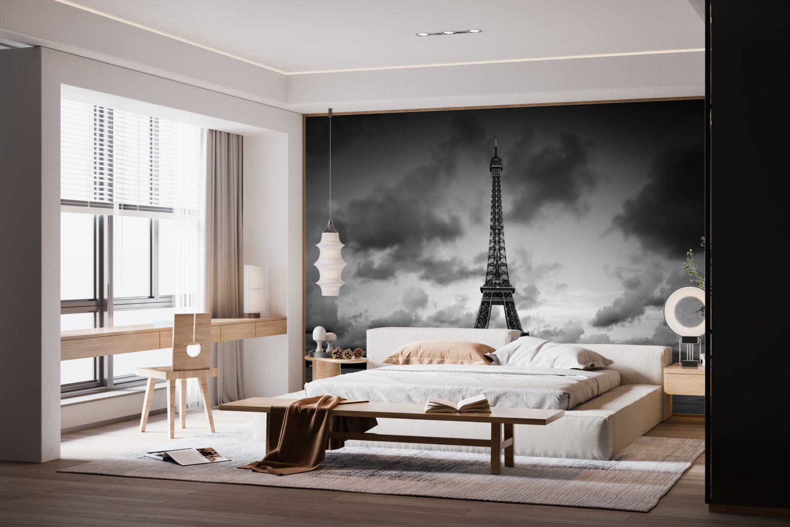 Papier peint voiture rouge à côté de la tour eiffel