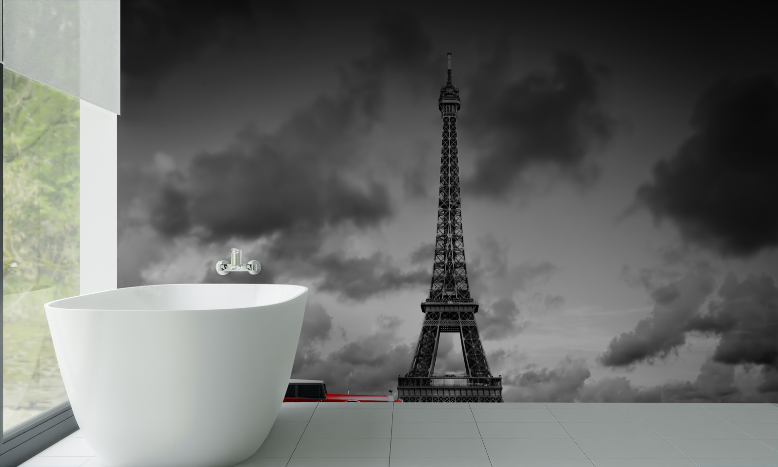 Papier peint voiture rouge à côté de la tour eiffel