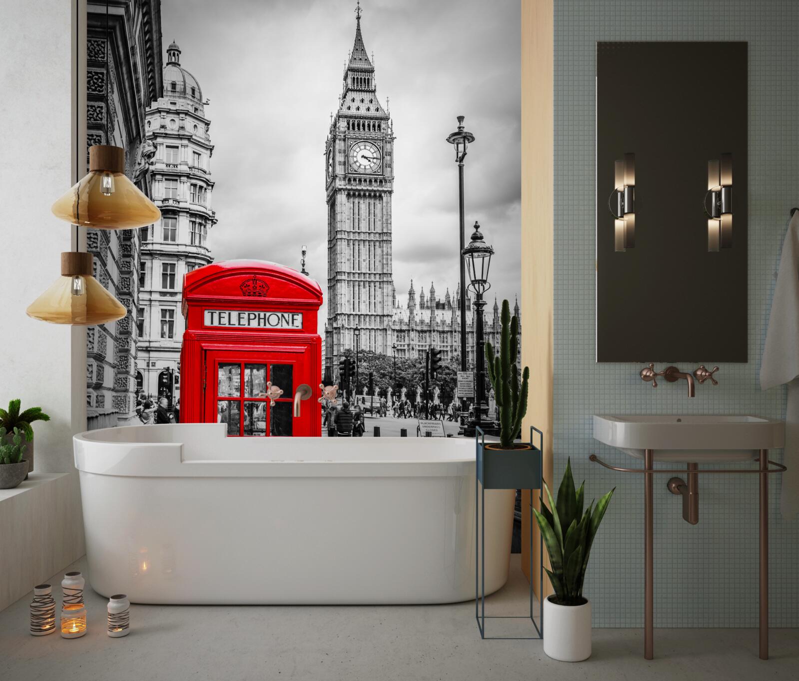 Papier peint cabine téléphonique rouge devant big ben en arrière-plan