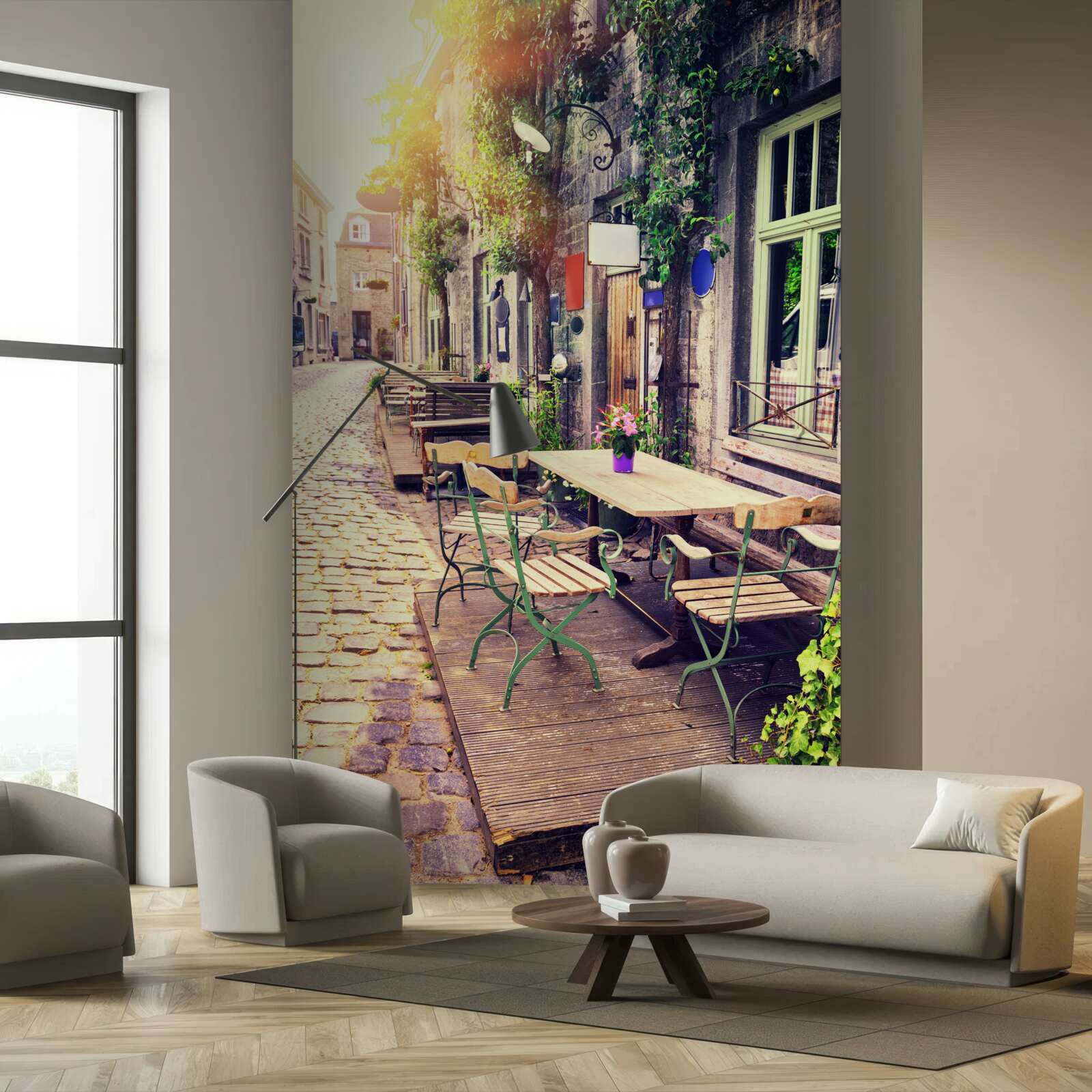 Papier peint café familial avec une atmosphère chaleureuse à l'aube