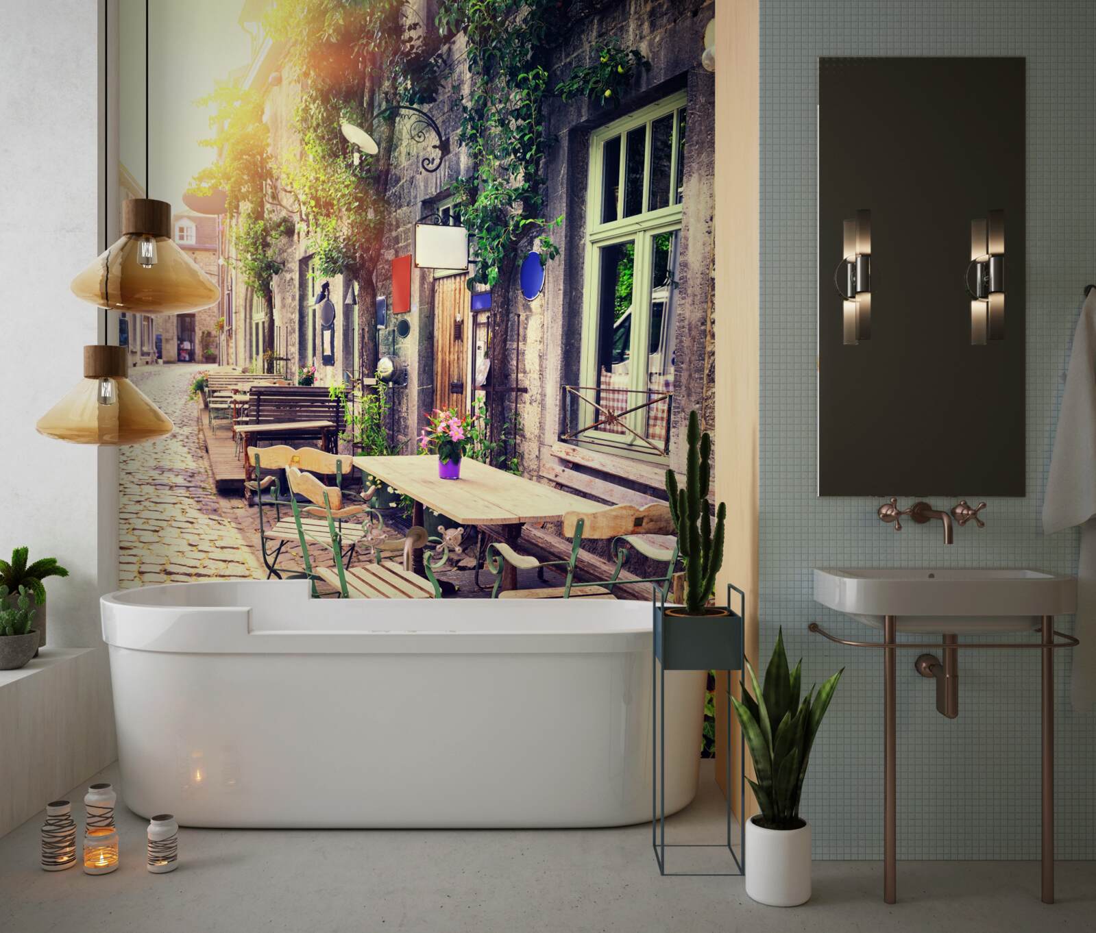 Papier peint café familial avec une atmosphère chaleureuse à l'aube