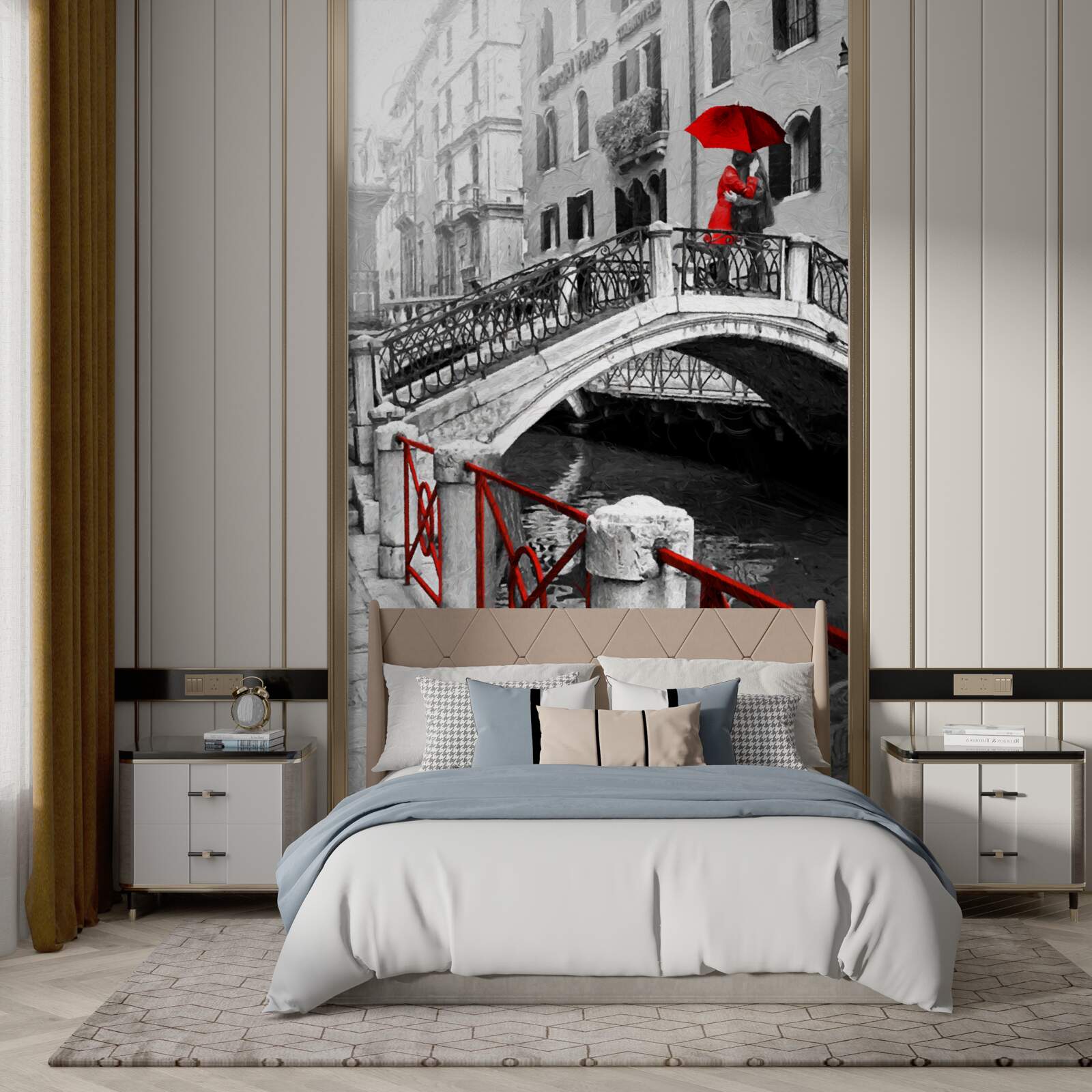 Papier peint photographie en noir et blanc du couple sur le pont de venise