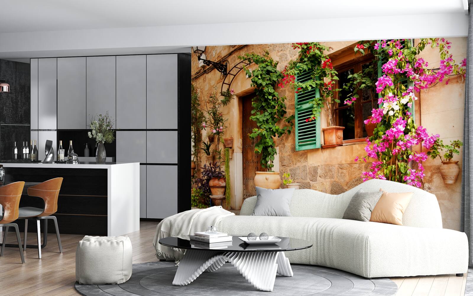 Papier peint plantes en conteneurs sur un ancien trottoir