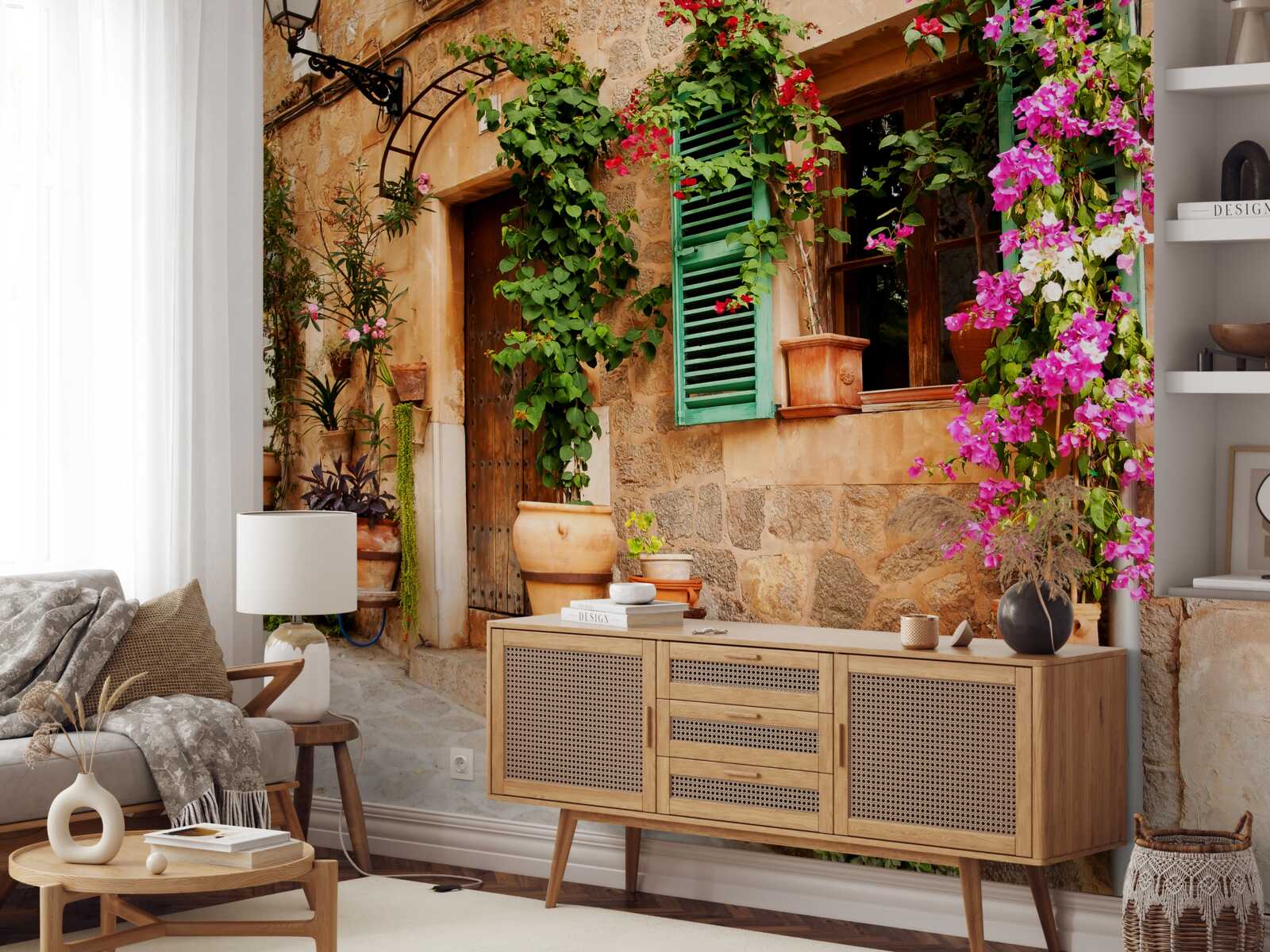 Papier peint plantes en conteneurs sur un ancien trottoir