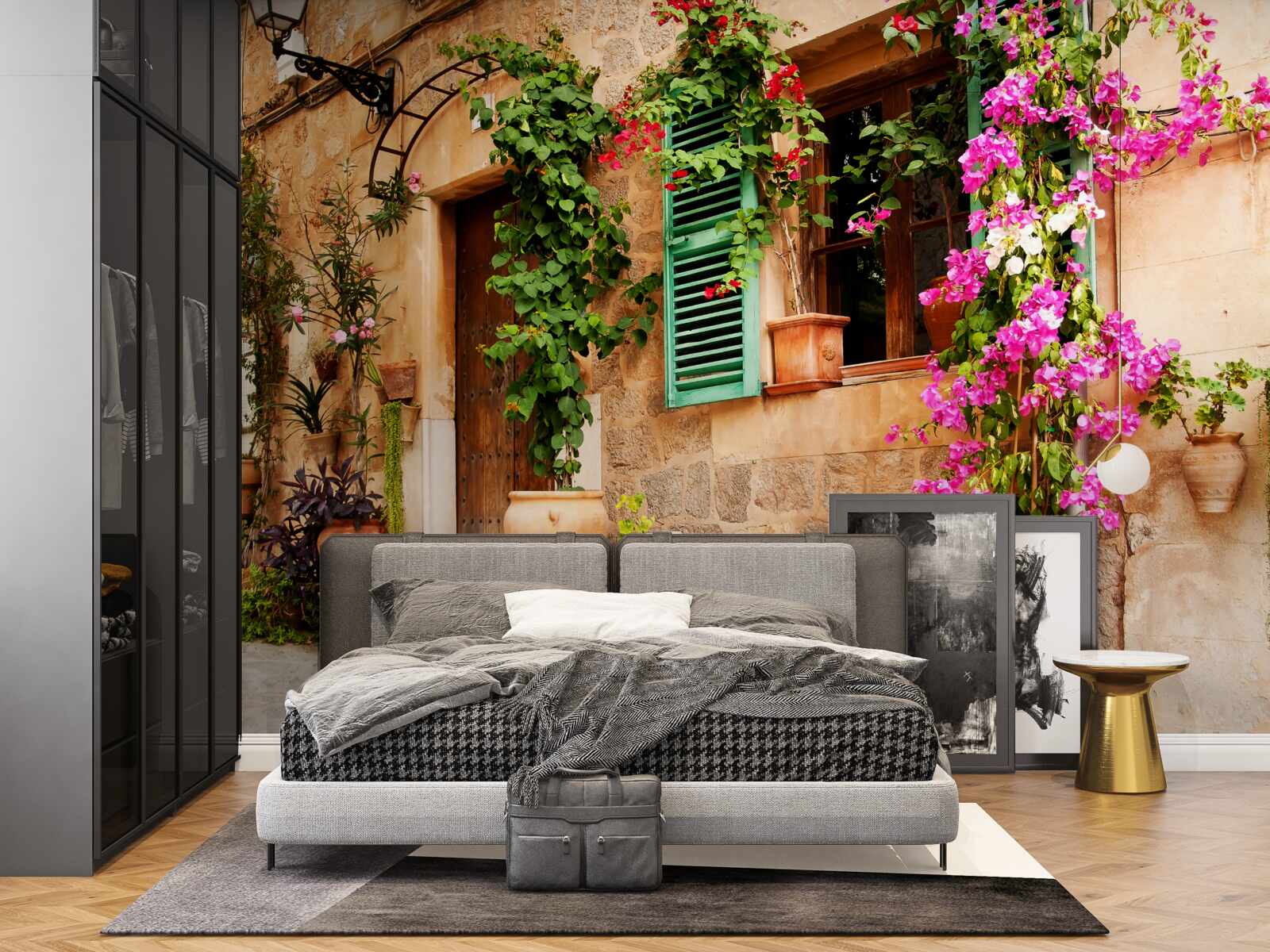 Papier peint plantes en conteneurs sur un ancien trottoir