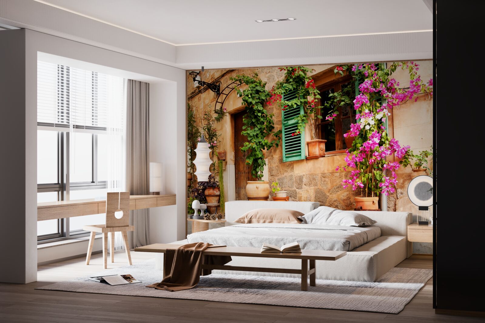 Papier peint plantes en conteneurs sur un ancien trottoir