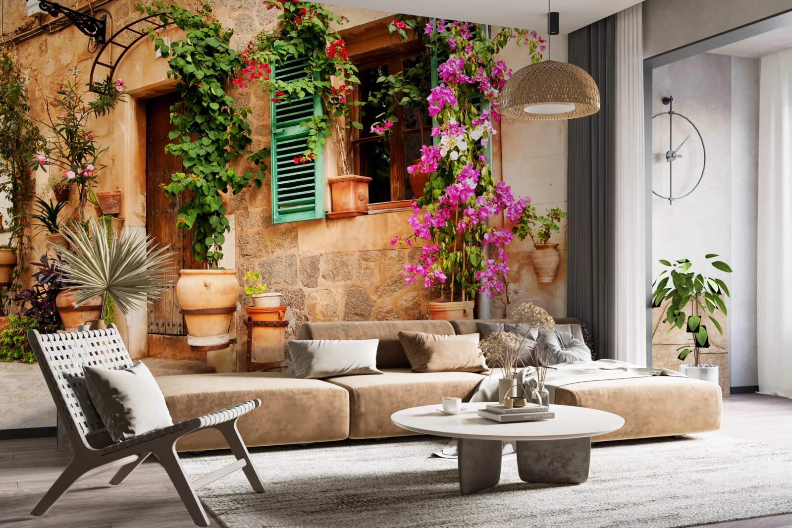 Papier peint plantes en conteneurs sur un ancien trottoir