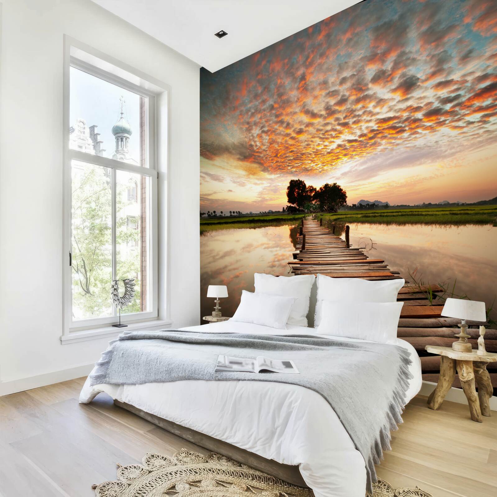 Papier peint jetée en bois sur un lac au soleil couchant