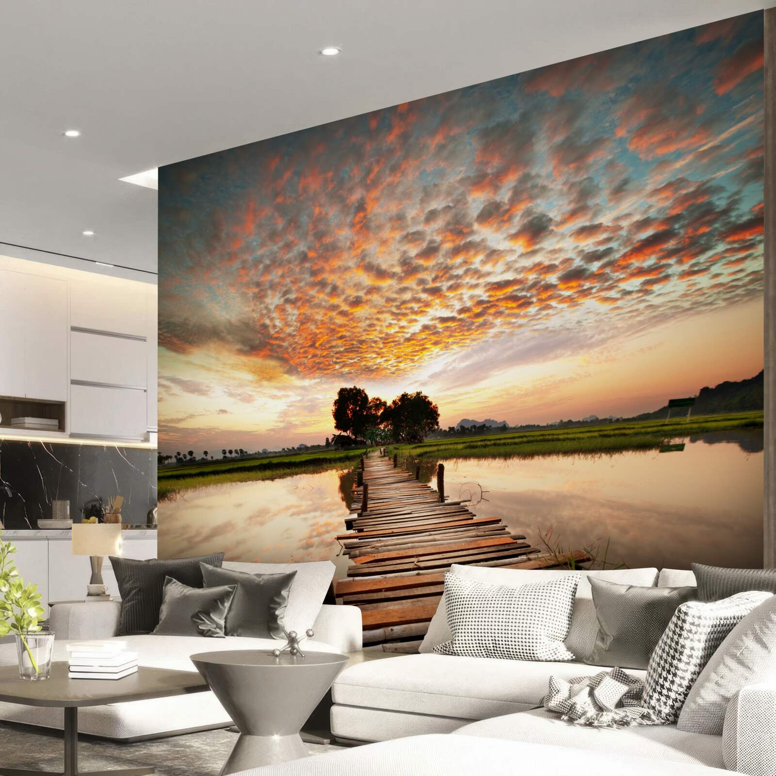 Papier peint jetée en bois sur un lac au soleil couchant