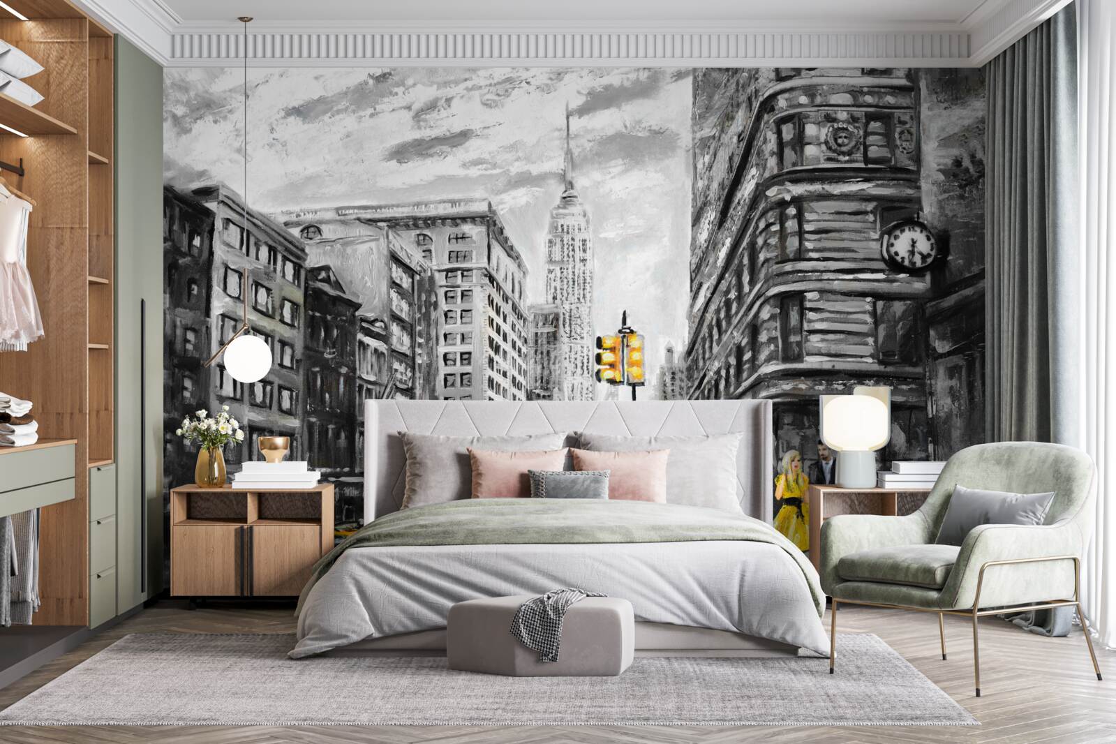 Papier peint Des taxis jaunes dans les rues grises de la ville